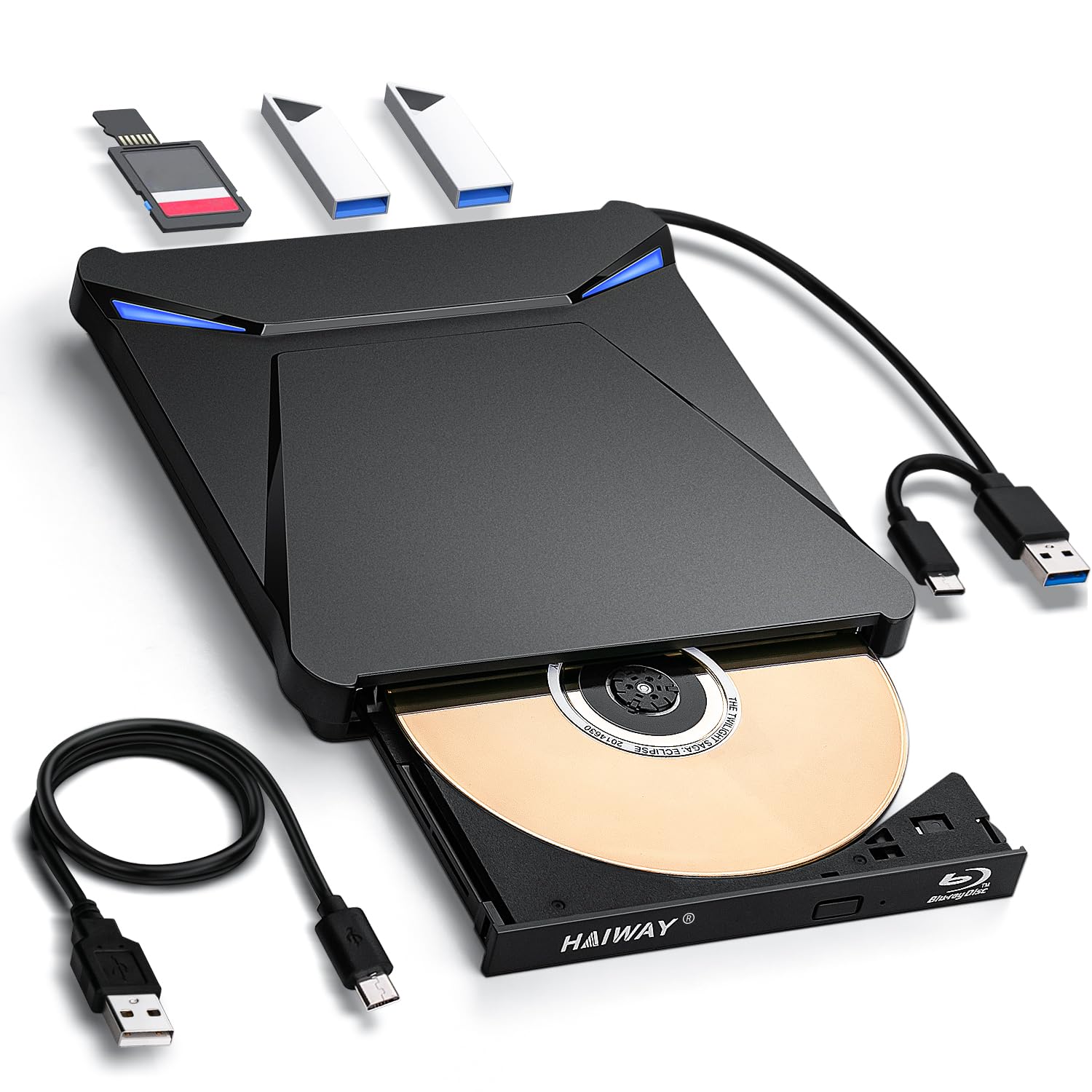 Haiway 5 in 1 External Blu-ray Burner Drive, USB 3.0 & Type-C DVD/CD/Blu ray Burner Writer with SD/TF Card Reader, Supports 100GB Discs R/W for Windows, Linux, macOS (PC/Laptop/Desktop)