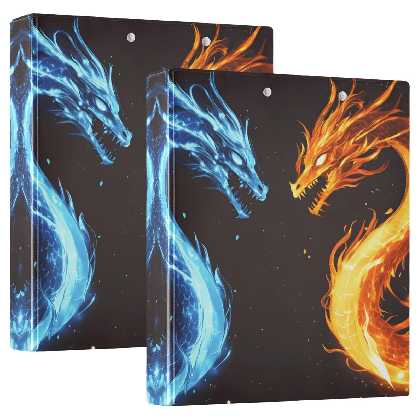 Confezione da 2 raccoglitori a 3 anelli, motivo Two Dragons Fire, 3,8 cm, con 3 tasche trasparenti, portablocco e contiene 200 fogli, per ufficio, scuola, organizzazione domestica