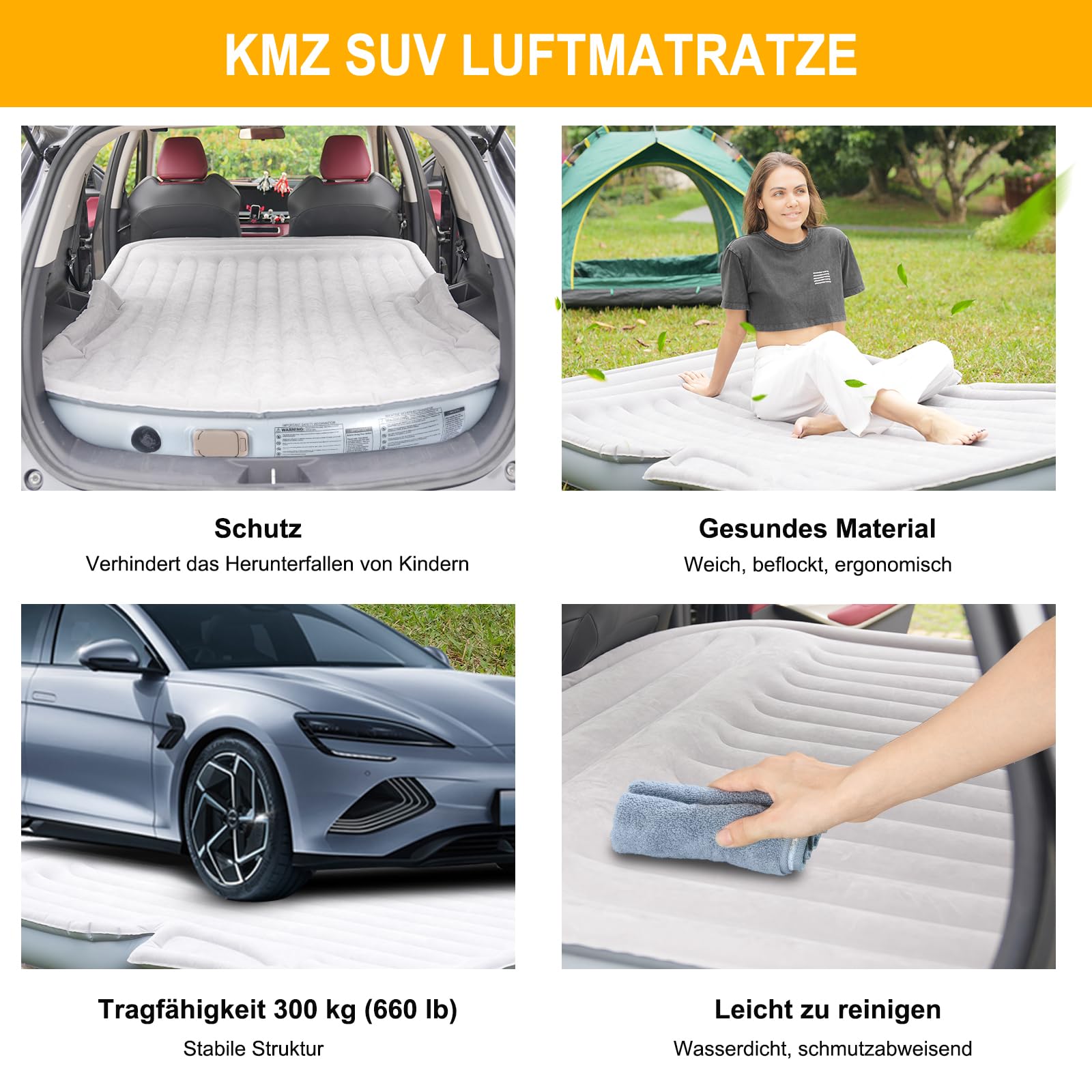 KMZ SUV Luftmatratze mit eingebauter elektrischer Pumpe - Verdickte und geflockte Auto-Bettmatratze für Reisen und Camping - 300 kg Tragfähigkeit - Grau
