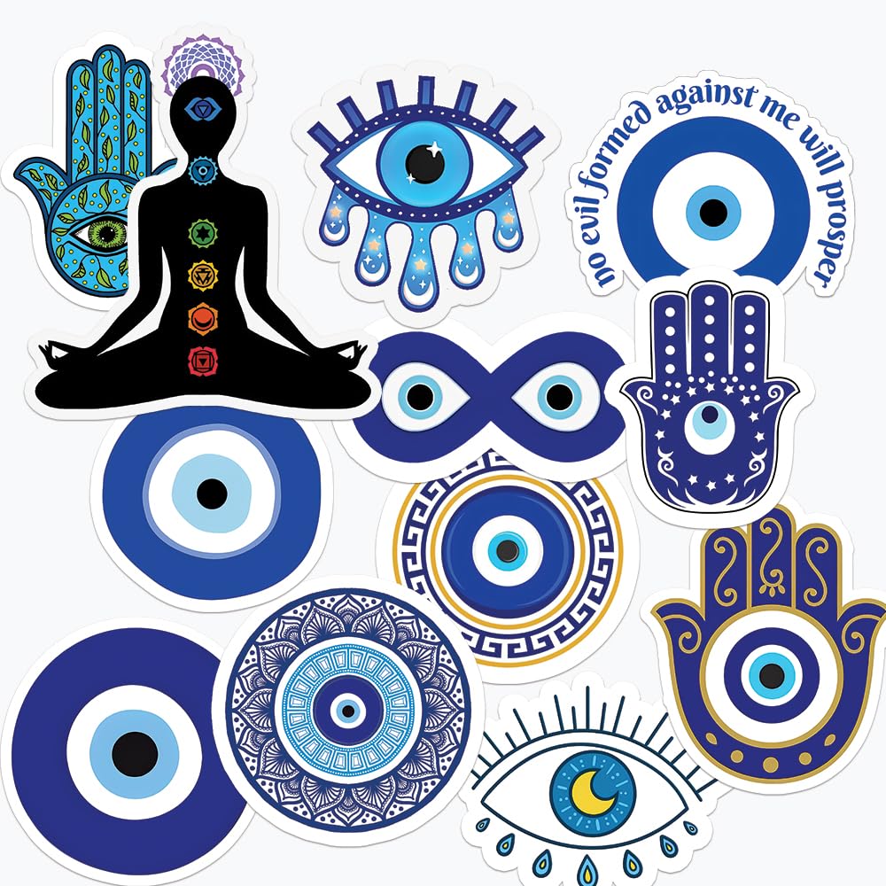 Evil Eye Sticker Pack of 12, Removable Vinyl Decals, Blue Symbolic Motifs, 2x2 Inch, Waterproof for Laptops, Notebooks, Water Bottles-image-0