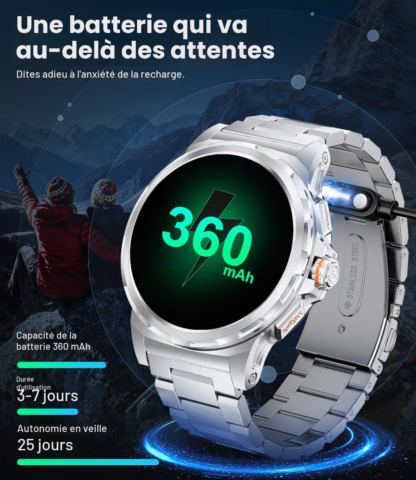 Montre Connectée Homme Militaire, Écran AMOLED 1,43", Appels Bluetooth, 3 Bracelets, Étanche IP68, Suivi de la Fréquence Cardiaque et du Sommeil, 120+ Modes Sportifs, Compatible Android et iOS,Argenté