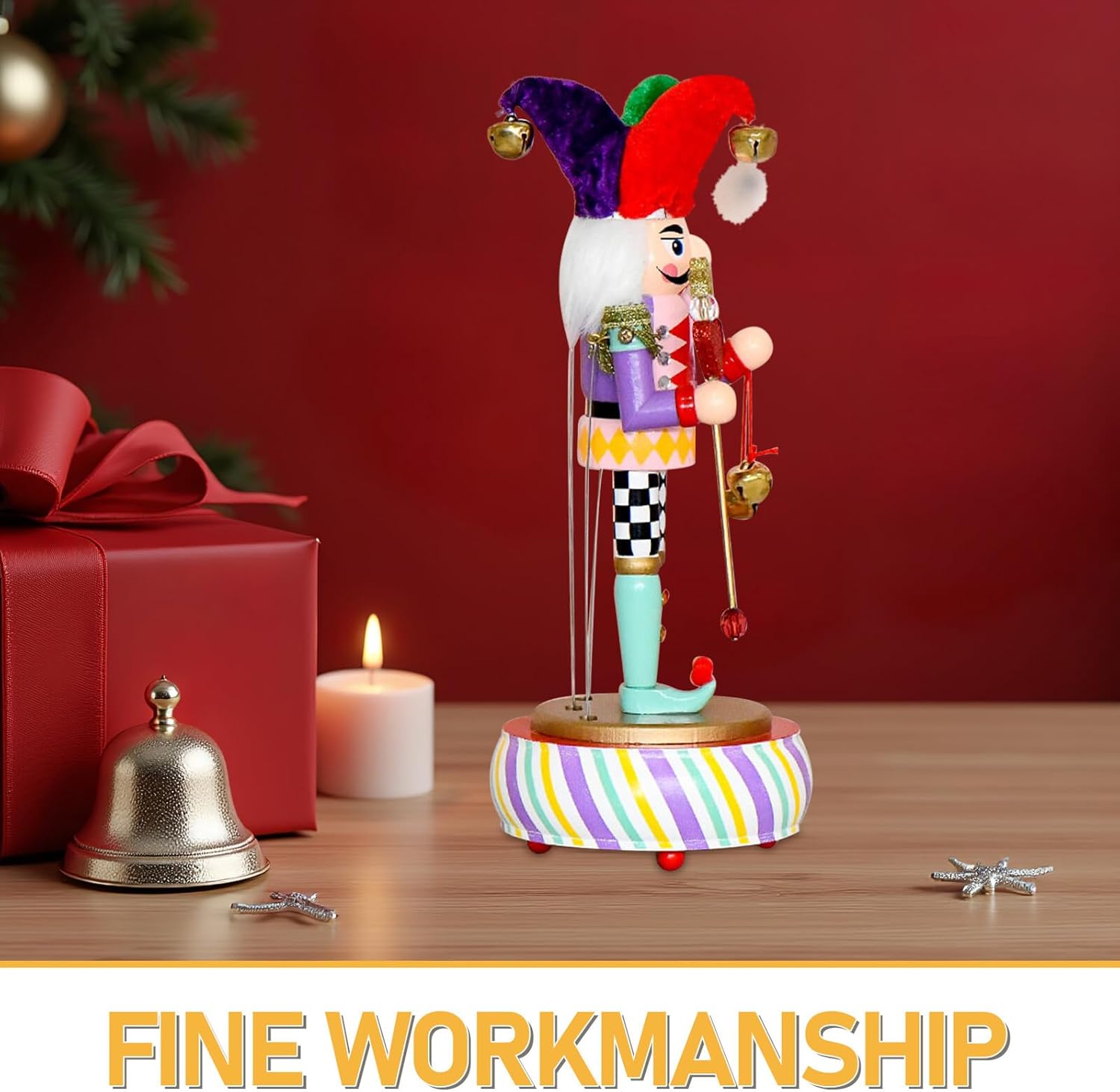 ARTIBETTER Nutcracker Music Box Round Wooden Base, Classic Christmas Nutcracker Figurine, Wind-up Musical Ornament for Office Desk and Holiday Home Décor