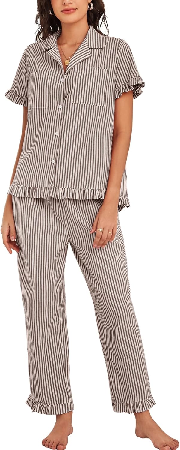 Flygo Womens Striped Pajama Sets Cotton Button Down Sleepwear Short Sleeve Top Long Ruffle Pants 2 Piece Pjs Loungewear Sets