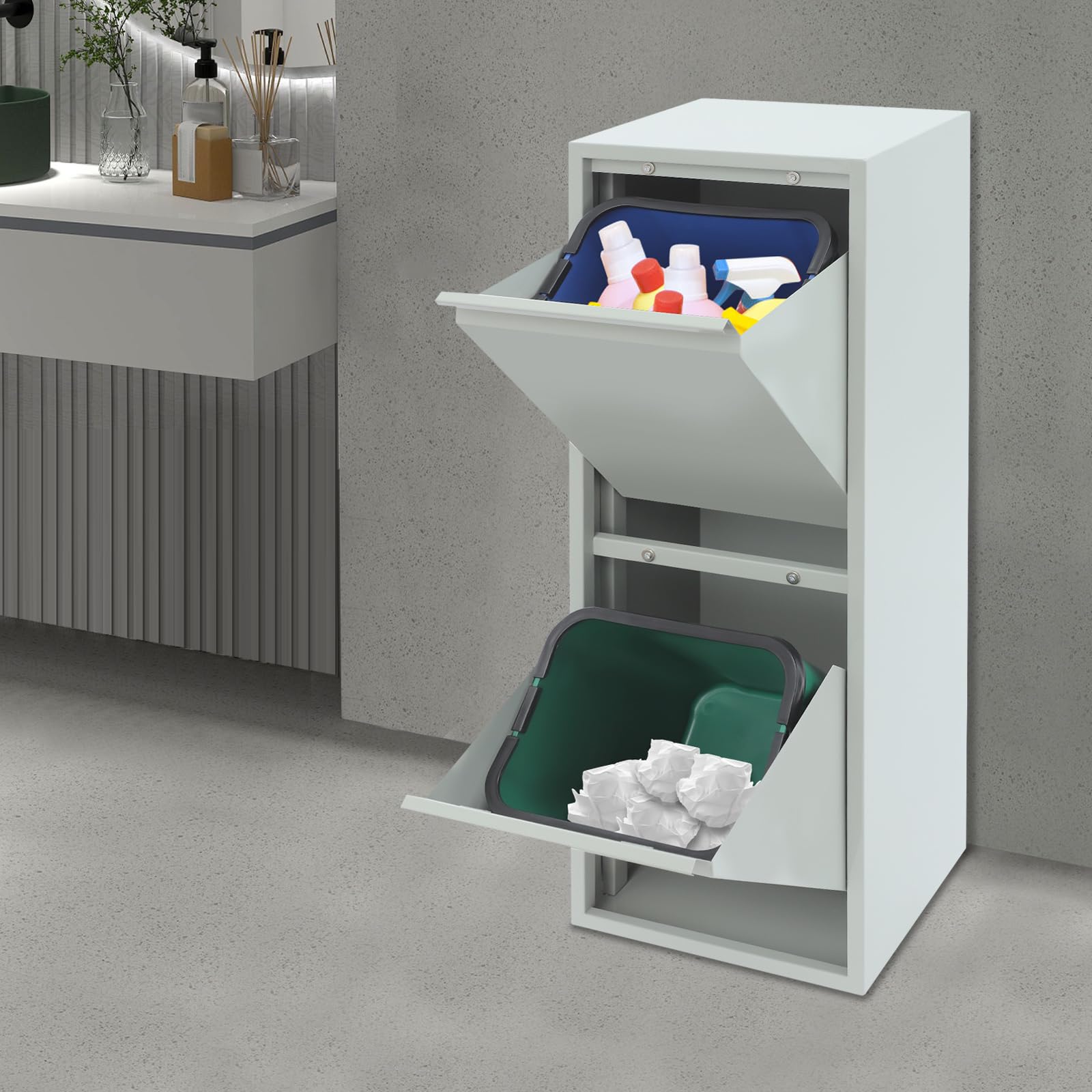 Abfall- und Recycling-Schrank mit 2 Eimern, 15 Gallonen, Grau/Blau/Grün, Edelstahl und Kunststoff, Kippbare Tür, Modern, 33x25x92 cm
