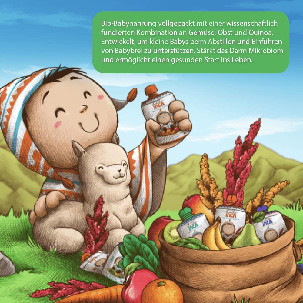 Little Inca Happy Orange (6 x 100 g) | Bio-Babynahrung auf pflanzlicher Quinoa-Basis, recycelbare Beutel, schont den Darm und fördert die kognitive Entwicklung | Laktosefrei | Ab 6 Monaten