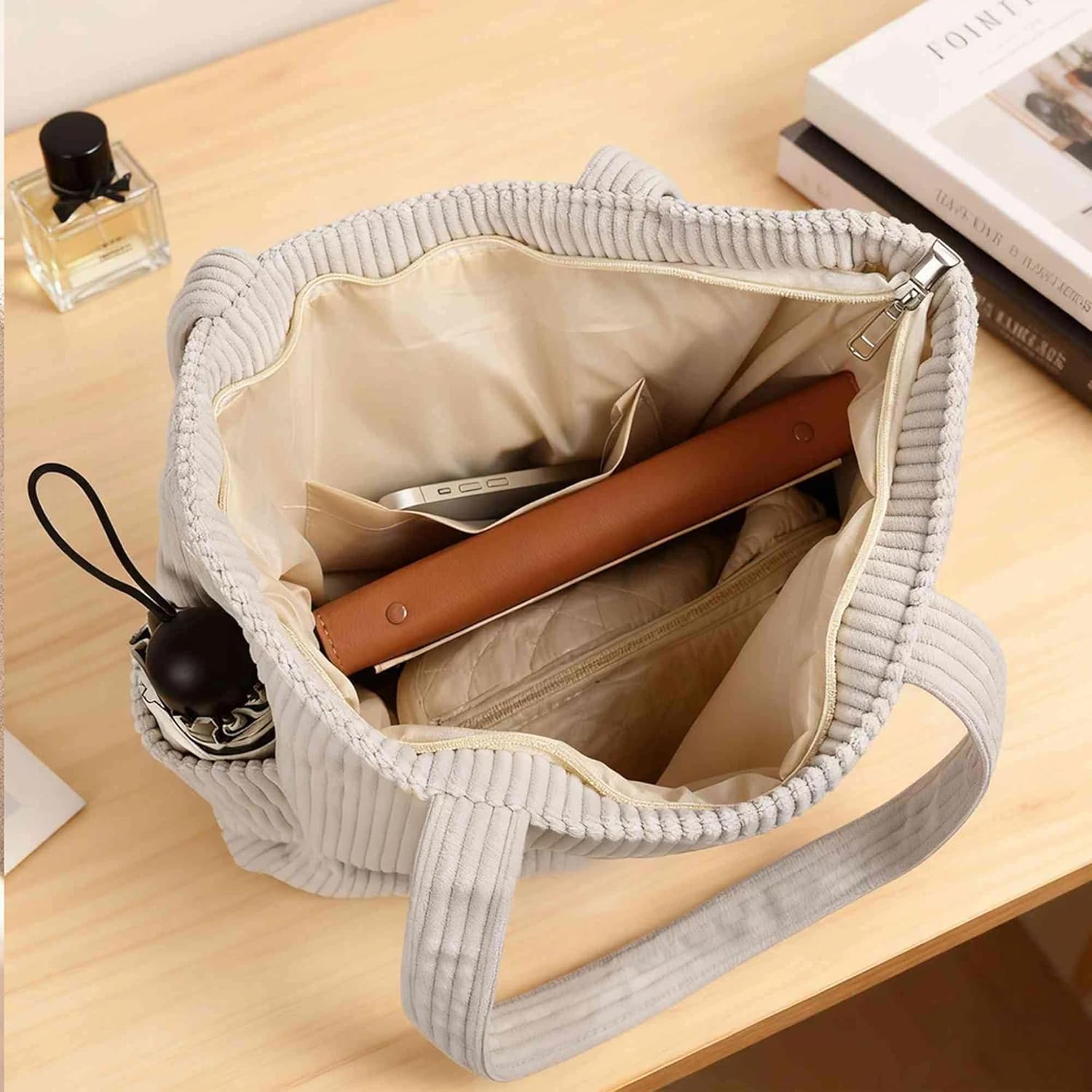 Personalized Mother of Pearl Initial Tote Bag For Women Cute Corduroy Custom Name Birth Flower Work Tote Bag Large Everyday Travel Handbags With Zipper Birthday Gifts for Mom Grandma Daughter - Image 5