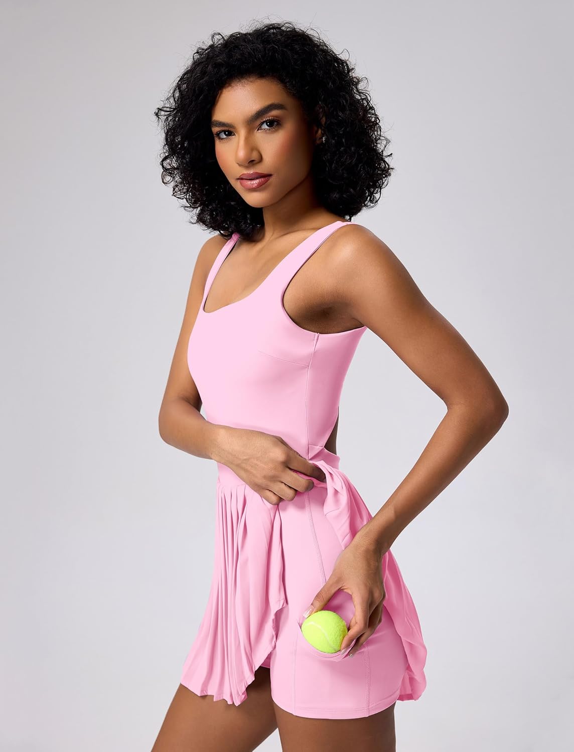 ABOCIW Tennis Dress for Women Square Neck Pleated Athletic Dress with Built-in Shorts & Bra Workout Golf Exercise Dress - Image 3