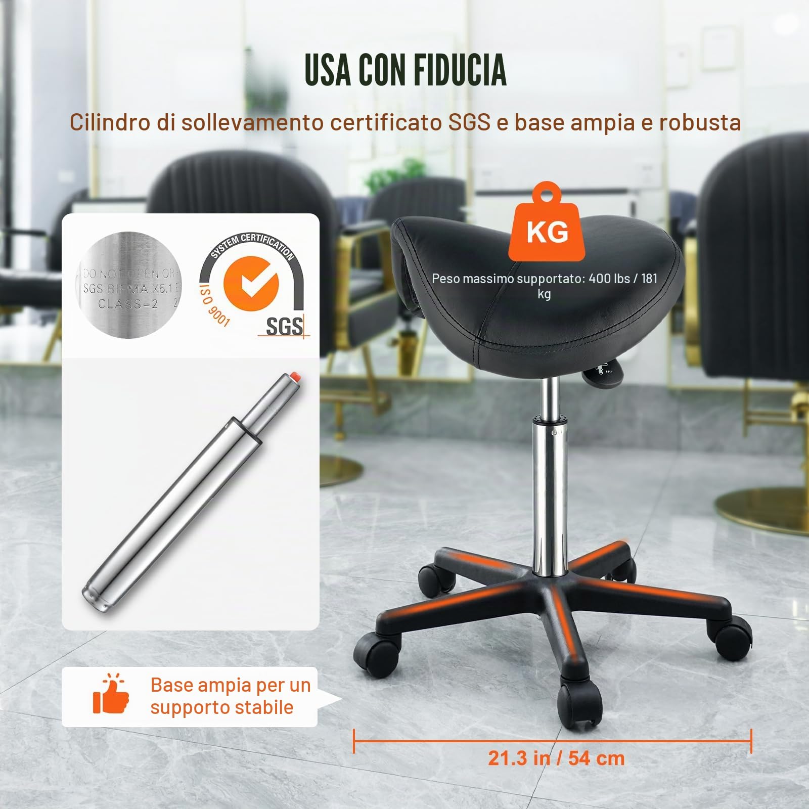 VEVOR Sgabello a Sella Altezza Regolabile 510-710mm Senza Schiena Capacità Carico Max. 181kg per Ufficio Salone Studio Parruccheria, Sedia a Rotella da Lavoro Girevole 540 x 540 x 510 mm per Ufficio