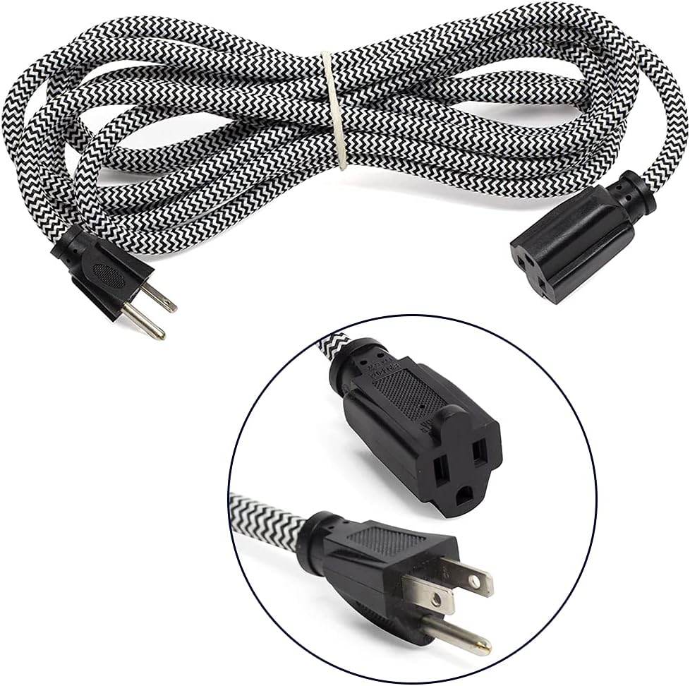 Rustic State 12 Feet Braided Zig Zag Fabric Power Extension Cord with Flexible Cable & 3 Prong Plug - Decorative Stylish Industrial Vintage DIY Projects - 18 Gauge Chevron - Black & White