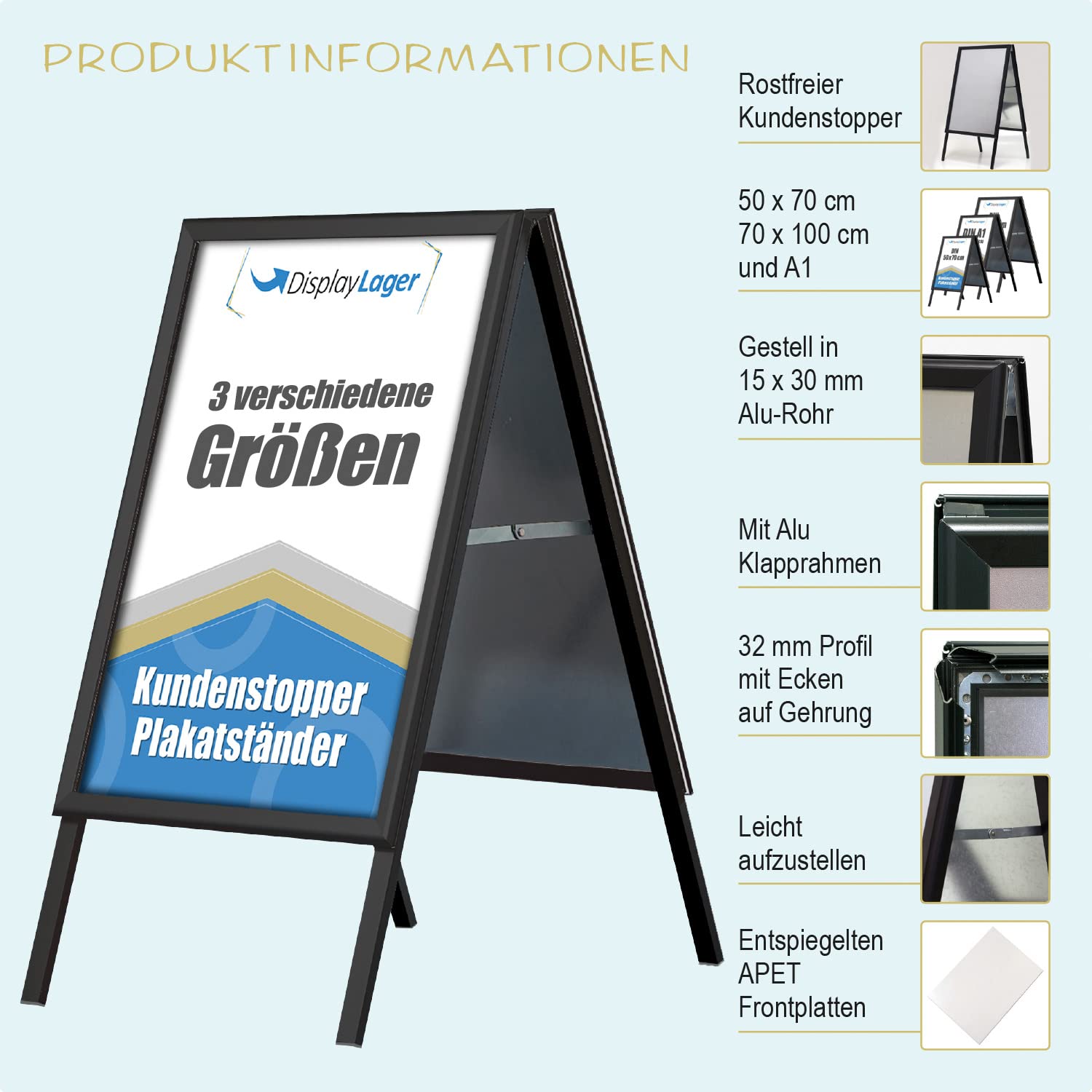DisplayLager, Calidad danesa | topes para clientes de aluminio | 2 carteles (ambos lados) | resistente a la intemperie para carteles en aceras (negro, 50 x 70 cm)