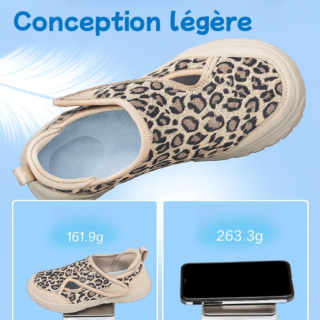 Zapatos ortopédicos para caminar para mujeres y hombres, tenis de trabajo de punta ancha con ajuste ajustable, zapatos casuales sin cordones para juanetes y empeine alto, leopardo, 39.5 EU