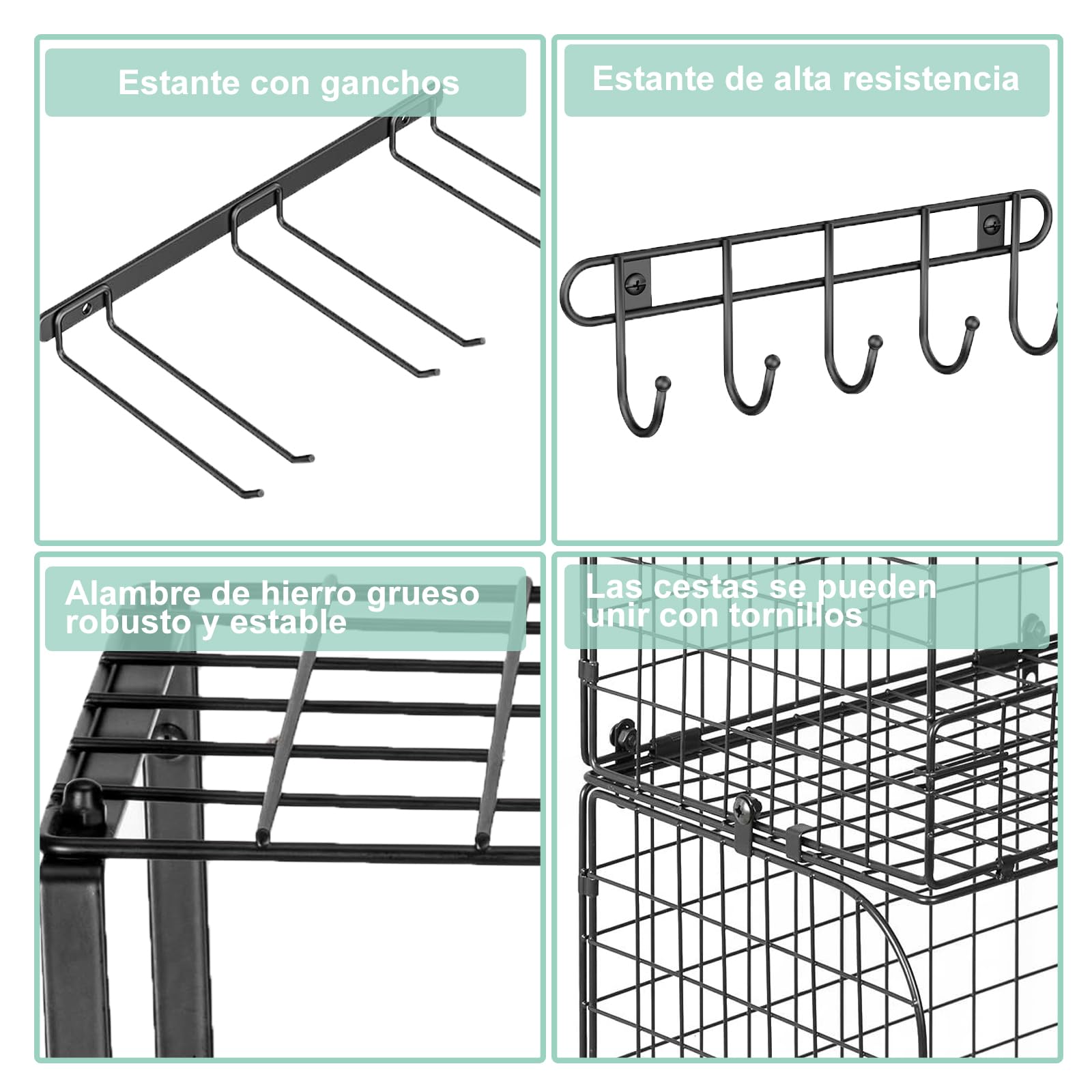 Estantes de garaje para montaje en pared con cestas de alambre, estantería de pared robusta para garaje con soporte para herramientas de jardín y ganchos, estantes de almacenamiento para casa