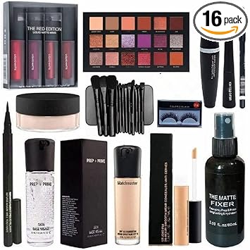 ZUKRAVE Professional Makeup Combo Kit Concealer, Red Edition Lipstick,Primer,Foundation,Eyeliner,Mascara,Eyebrow Pencil, Sketch Eyeliner,Face Powder,Makeup Brush,Eyelashes With Makeup Fixer Set Of 16