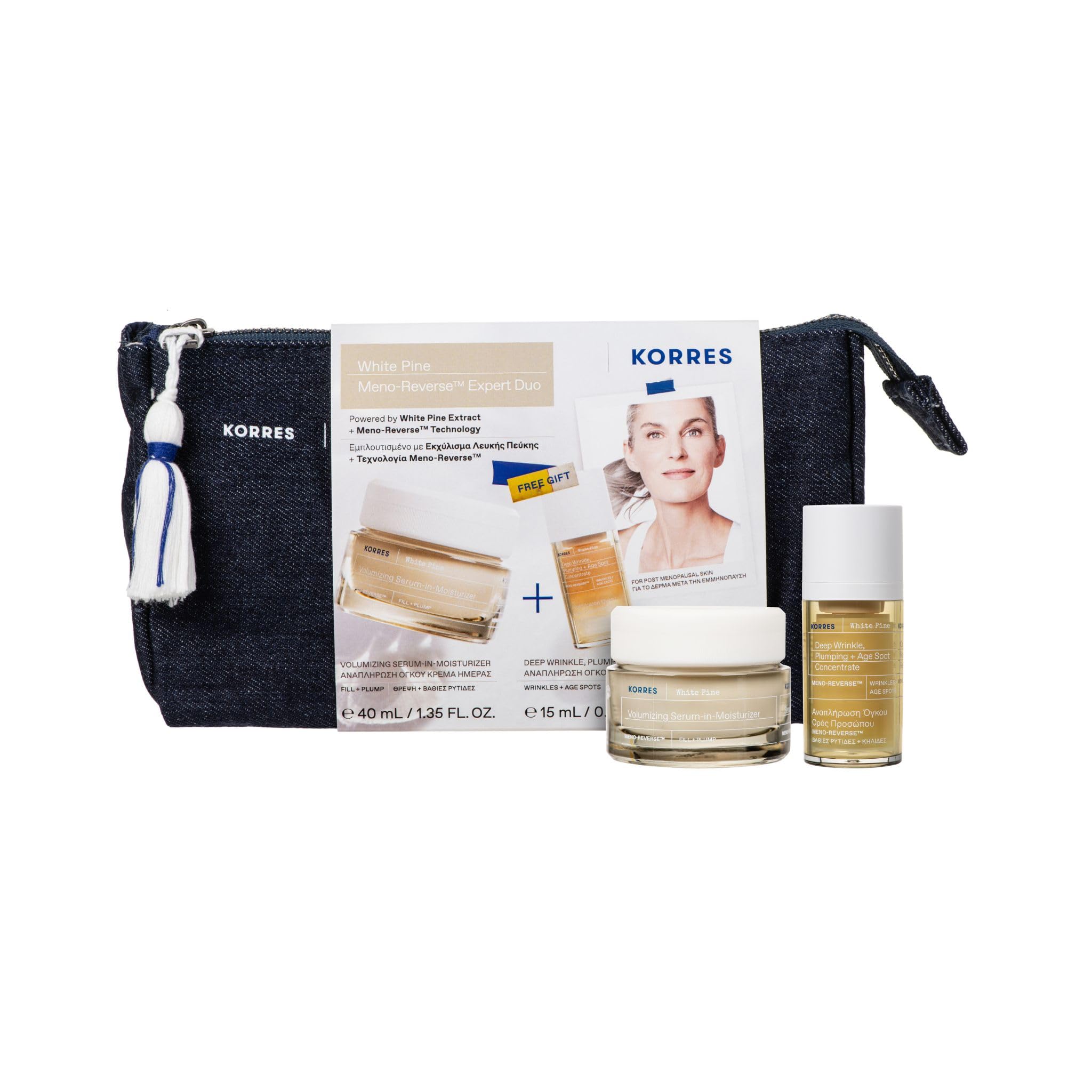 KORRES White Pine Meno-Reverse Expert Duo, Anti-Ageing Value Set of Serum-in Cream 40 ml and Concentrate 15 ml for Plumped and Tightened Skin After Menopause, Vegan