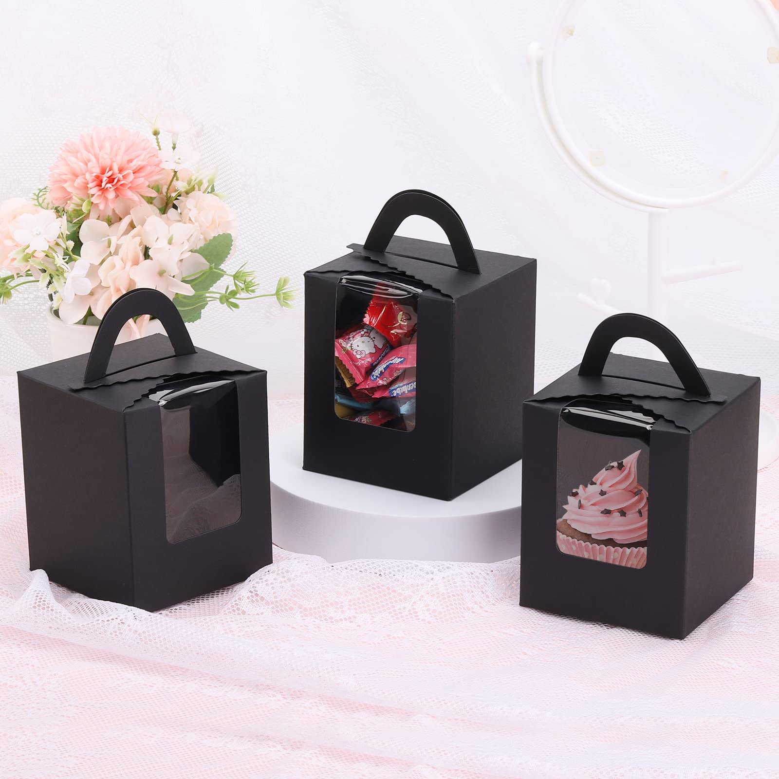 100 cajas de magdalenas negras con ventana individual individual con asa e insertos para bodas, fiestas de cumpleaños, regalos