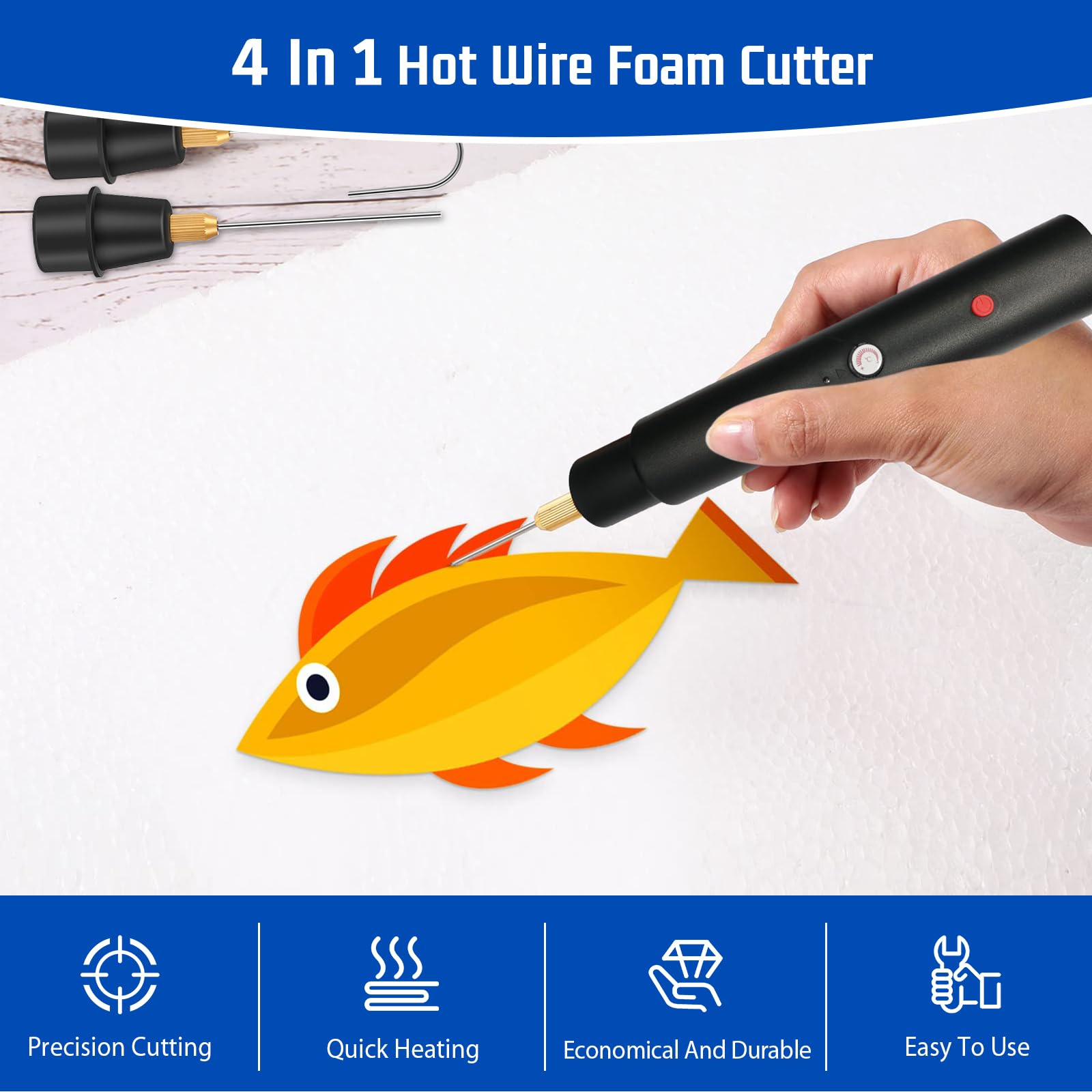Foam Cutter,4 in 1 Hot Wire Foam Cutter,Electric Styrofoam Cutting Tools with 4 Blade Heads,Polystyrene Cutters Tool,Hot Wire Cutting Pen,for Hole Digging,Detail Handling,DIY Crafts - Image 4