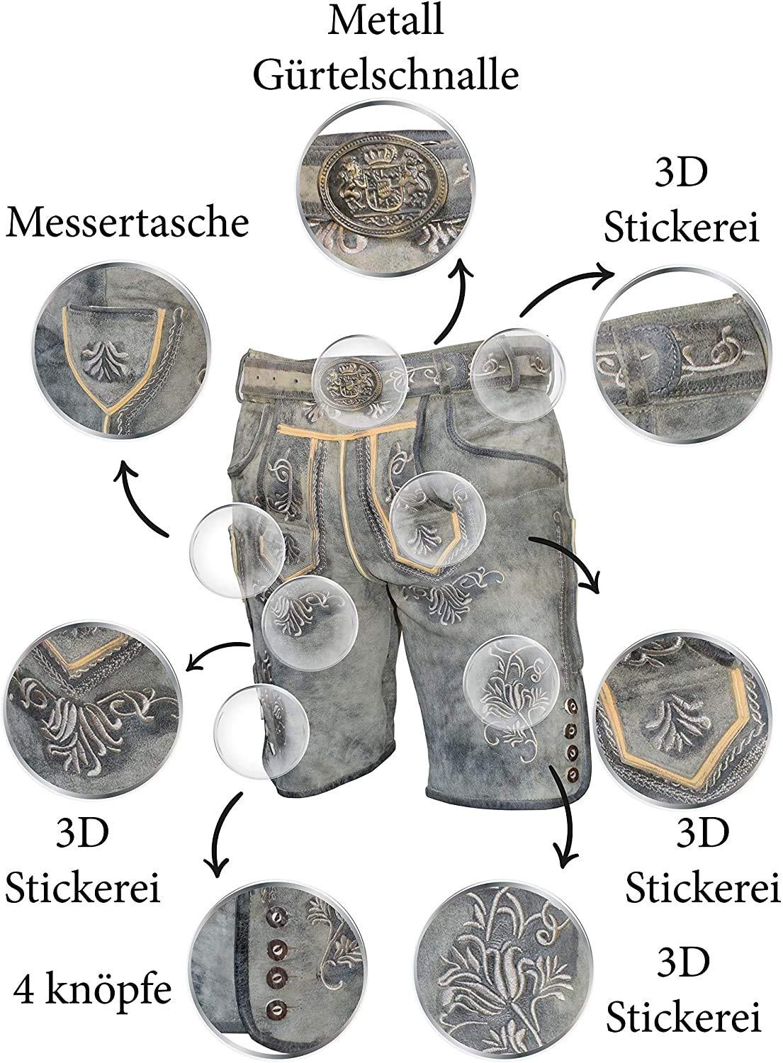 Kurze Herren Trachten Lederhose mit Gürtel, Antik Smoke, Wildbockleder, Alpen Spirit