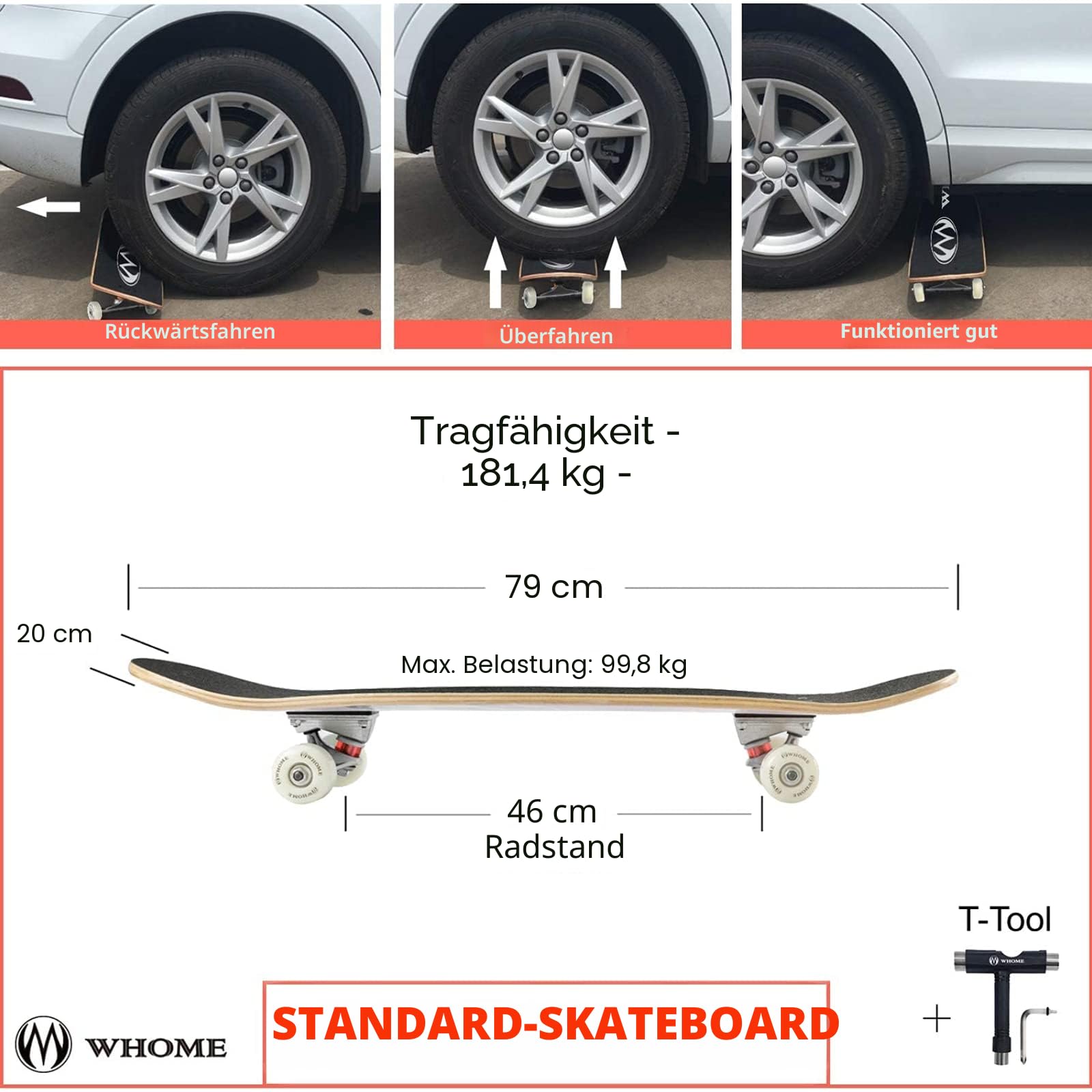 WHOME Pro Skateboards Komplett für Erwachsene/Kinder Mädchen/Jungen Anfänger/Profi - 31 x 8 Zoll Standard 8-Fach Alpine Ahorn Deck ABEC-9 inkl. T-Tool
