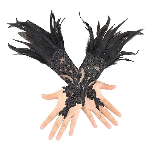 Dfqsofd Women's Gothic Lace Feather Gloves, Arm Sleeve Wristband Feather Gloves Halloween Costume Accessories for Cosplay - One Size - Black