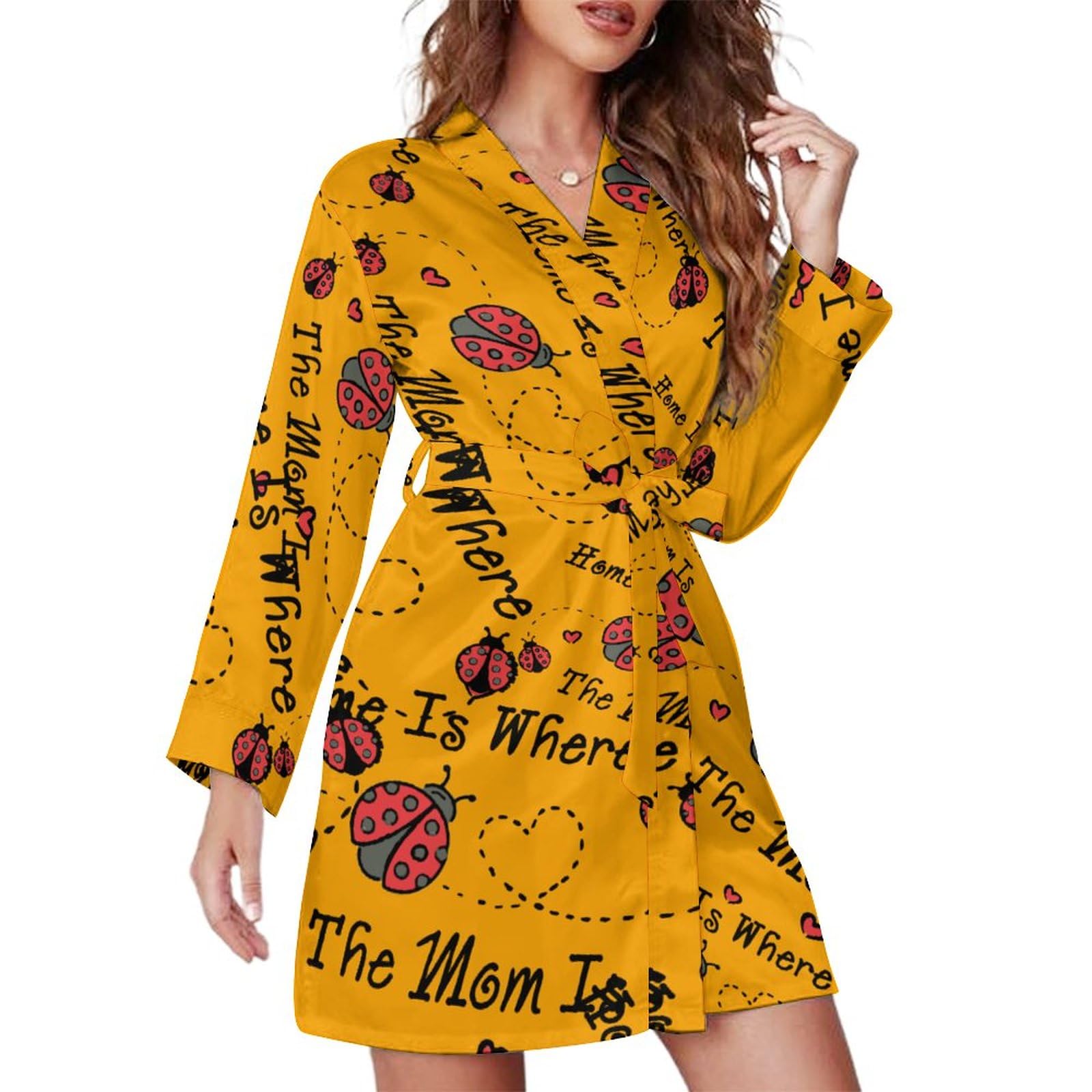 Ladybird Home Is Where The Mom Is Nightgown for Women Long Sleeve Robes Knee Length Loungewear Soft Bathrobe Sleepwear
