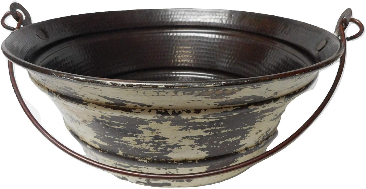 15" Round Copper Vessel BUCKET Bathroom Sink with Distressed Antique White Exterior and Grid Drain