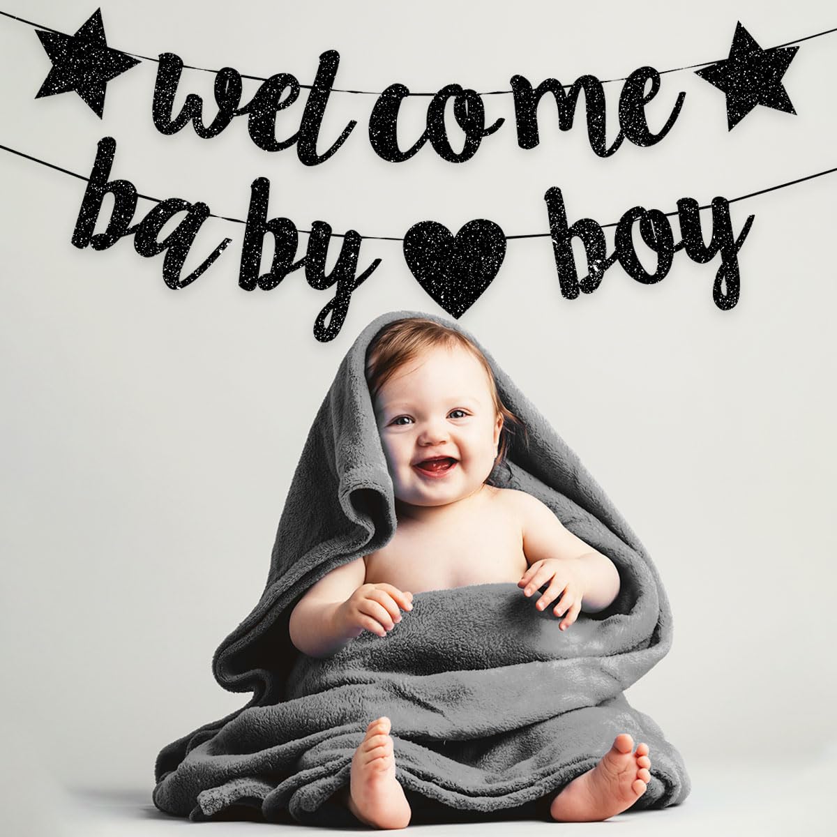 Decoraciones de baby shower para niños, pancarta de bienvenida con purpurina, banderines colgantes para fiesta de cumpleaños recién nacido, color negro