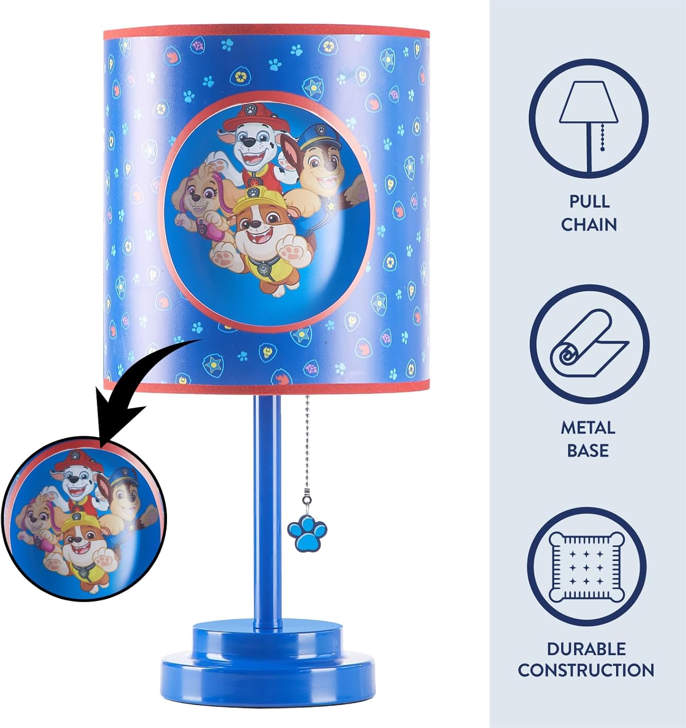Idea Nuova Nickelodeon Paw Patrol 2 Layer Cut Out Shade Stick Table Lamp with Figural Pull Chain and Themed Printed Decorative Shade