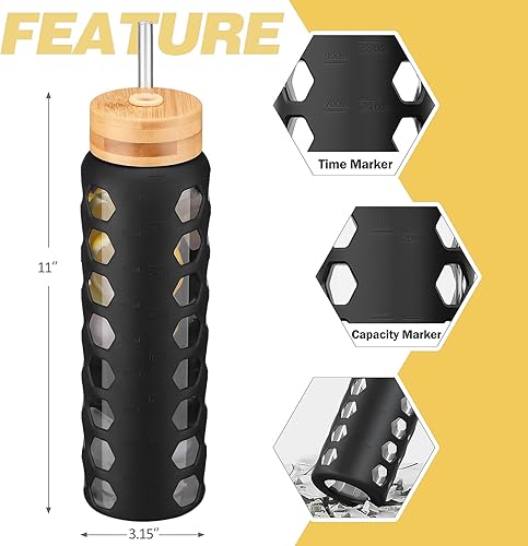 Miniatura 3 de MUKOKO Botellas de agua de vidrio, vaso de vidrio de 32 onzas con popote, botellas para beber con 2 tapas con tapa de boquilla con asa y tapa de