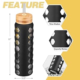 MUKOKO Glass Water Bottles, 32oz Glass Tumbler with Straw, Drinking Bottles with 2 Lids-Handle Spout Lid&Bamboo Straw Lid, Motivational Water Bottle with Time Marker and Silicone Sleeve, 1 Pack-Black