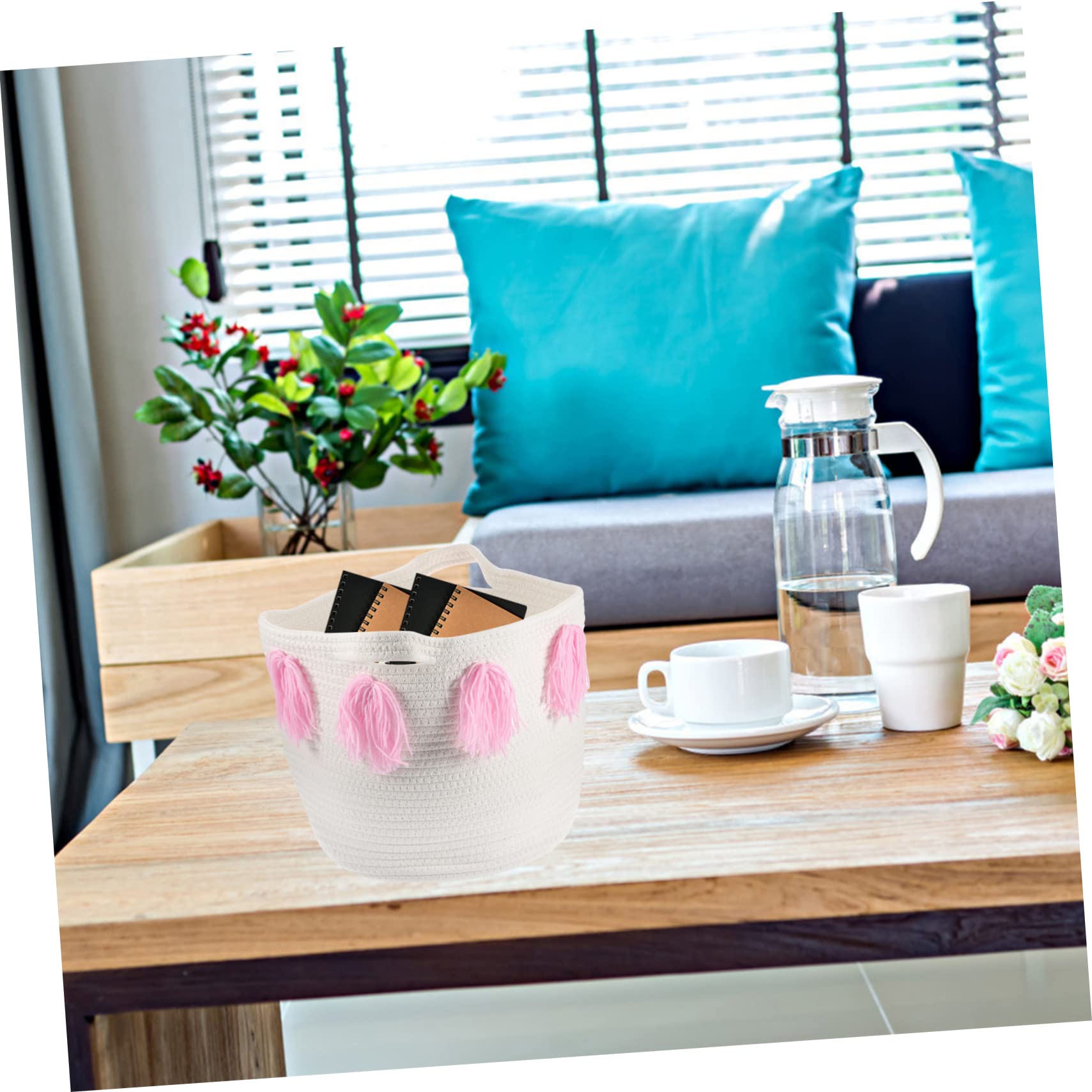 IMIKEYA Cesta Organizadora de Escritorio de Cuerda de Algodón Rosa | Estilo Nórdico Simple, Flecos de Tassel, para Almacenamiento Doméstico y Decoración del Hogar