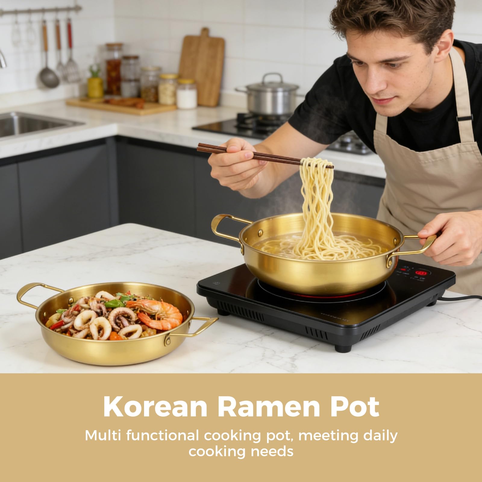 Ramen-Töpfe aus koreanischem Edelstahl, Doppelgriff, 21,3–27,2 cm, flacher Boden, für Nudeln, Nudeln, Suppe, 4 Stück