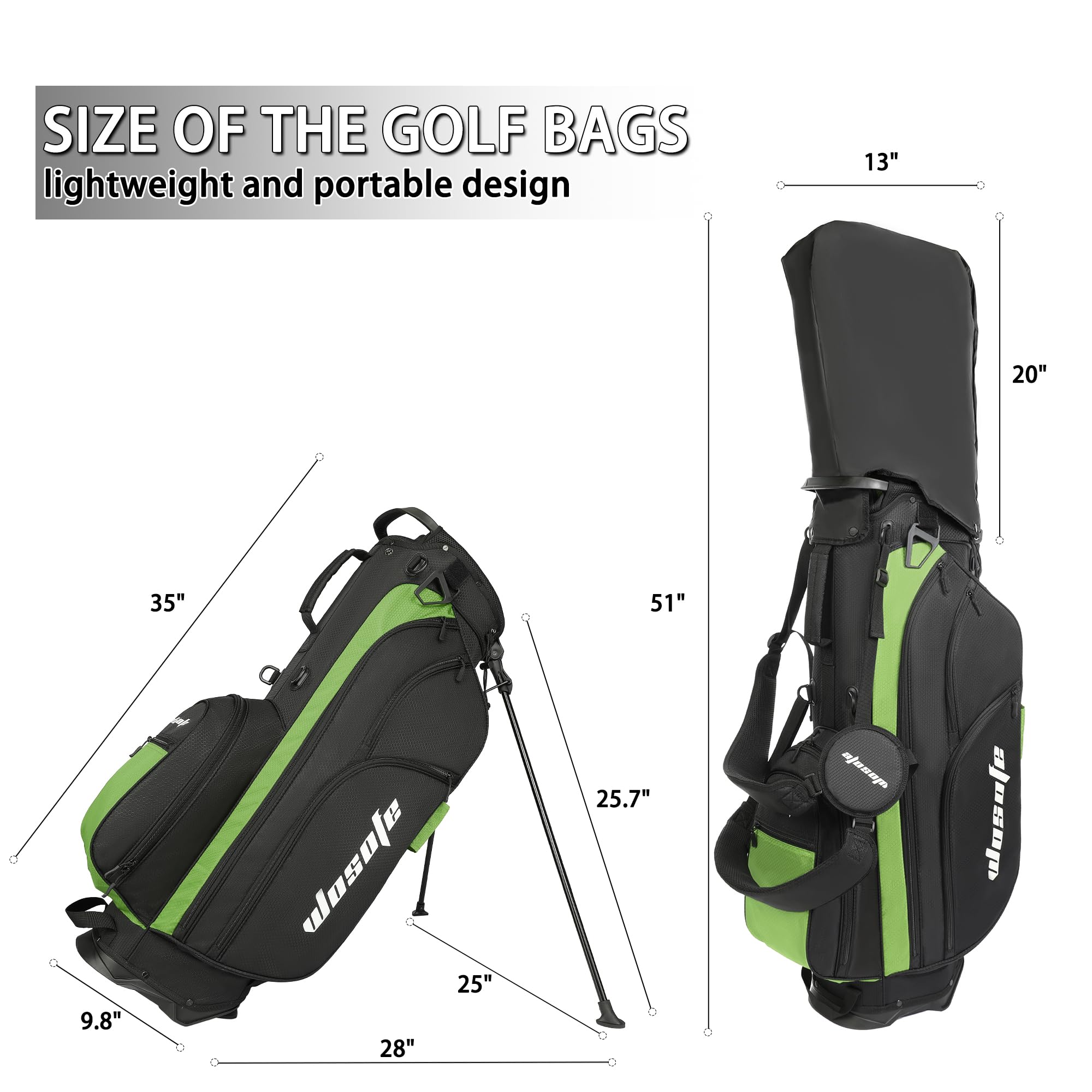 Golf Stand Bag Nylon Lightweight 14 Way Divider 6 Zipperd Pockets Golf Club Bag with Handle Rain Cover Dual Shoulder Straps Golf Towel for Men and Women(Green)