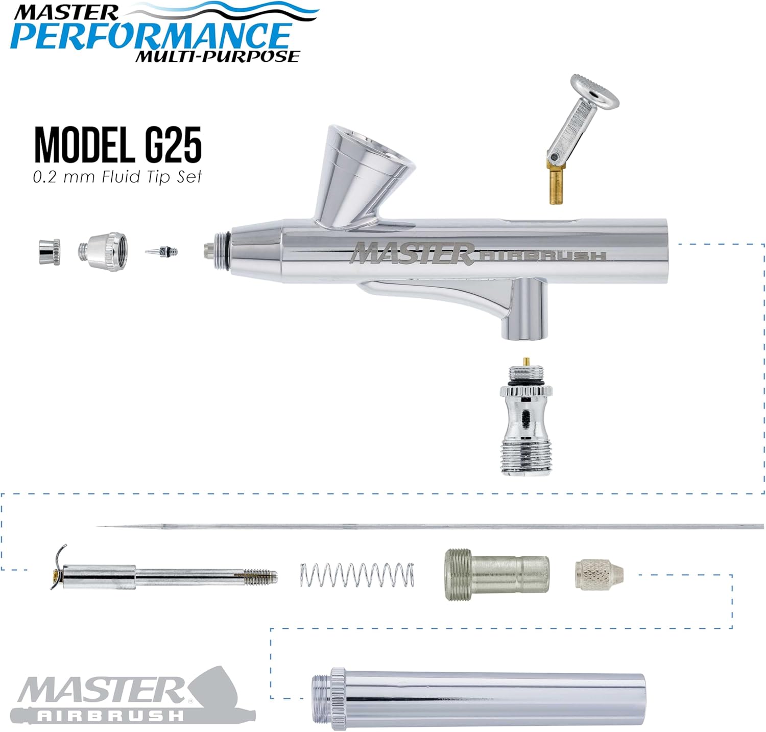 Master Airbrush G25 Multi-Purpose Dual-Action Gravity Feed Airbrush Gun Kit with 0.2mm Tip & 1/16 oz Cup for Aerografo Illustration, Nail Art, Model Painting & Cake Decorating