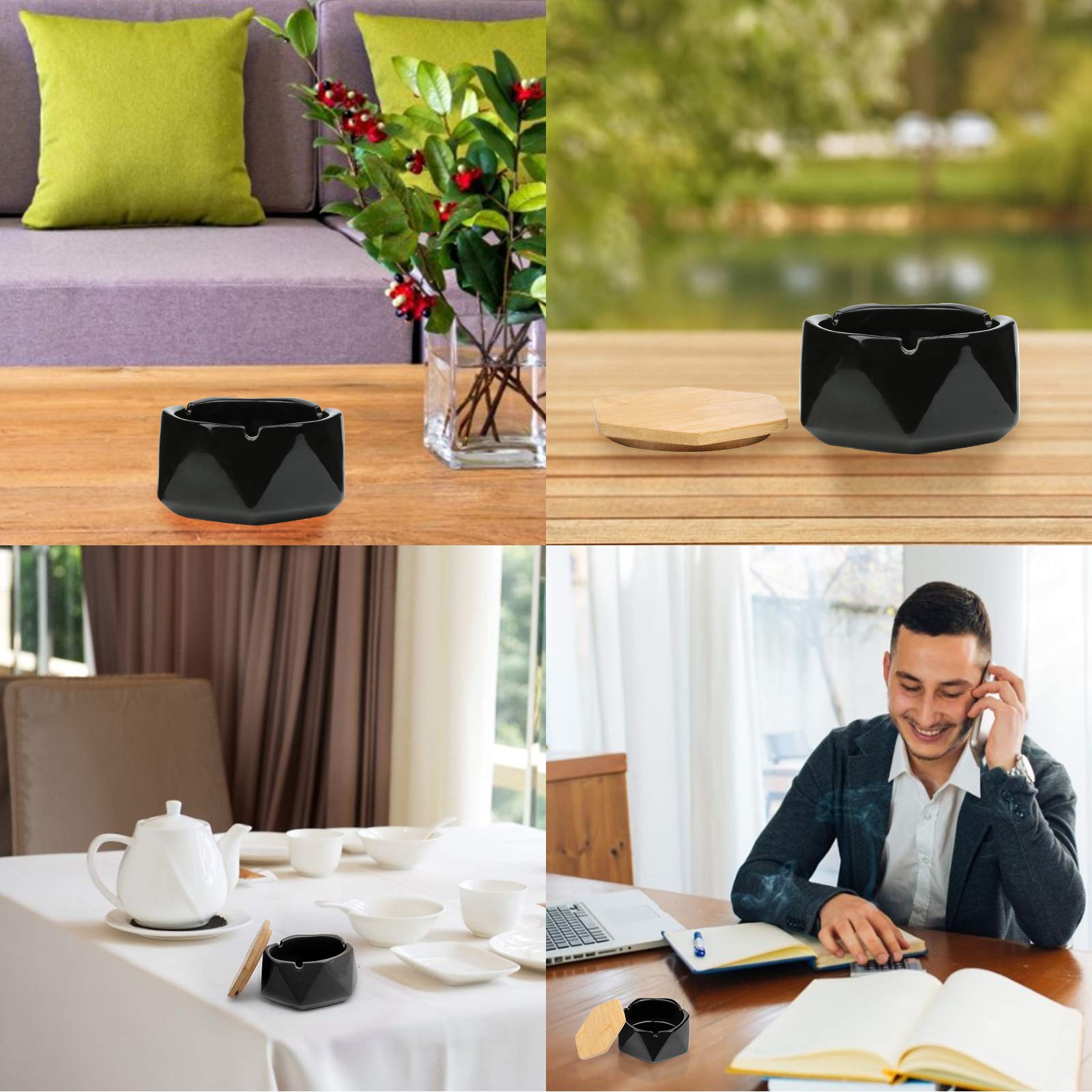 Portacenere Antivento Antiodore con Coperchio Geometrico Portatile Stile Nordico Esterno Nero