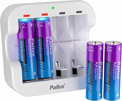 Pallus Rechargeable Lithium AA Batteries, 4 Pack 1.5V 3500mWh AA Rechargeable Batteries with Fast Charger Combo for Blink Security Cameras, Double A Batteries, Super Long Lasting, Over Cycle 1600