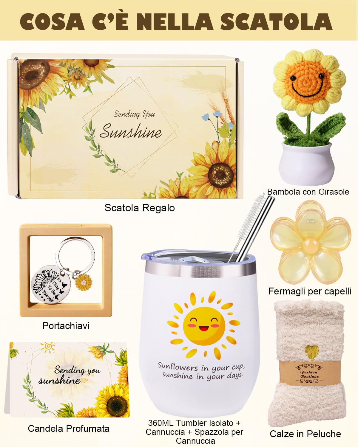 LIVEHITOP Regalo Compleanno Originale, Girasole Regalo Compleanno Donna San Valentino, Festa della Mamma, Natale 7PCS Idee Regalo Set Include Tazza Termica Mamma Moglie Figlia Fidanzata Collega