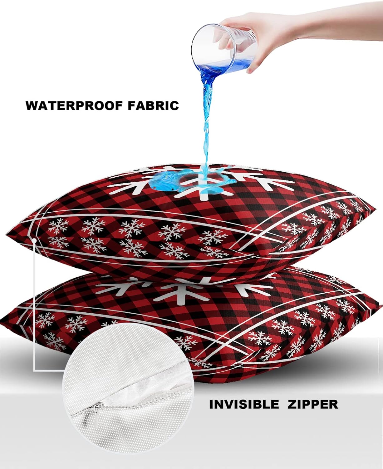 Pack of 2 Decorative Outdoor Waterproof Throw Pillow Covers, Winter Christmas Snowflake Red and Black Plaid Outdoor Pillows Cushion Cases, Square Pillowcase for Patio, Couch, Bench, 18x18 Inch
