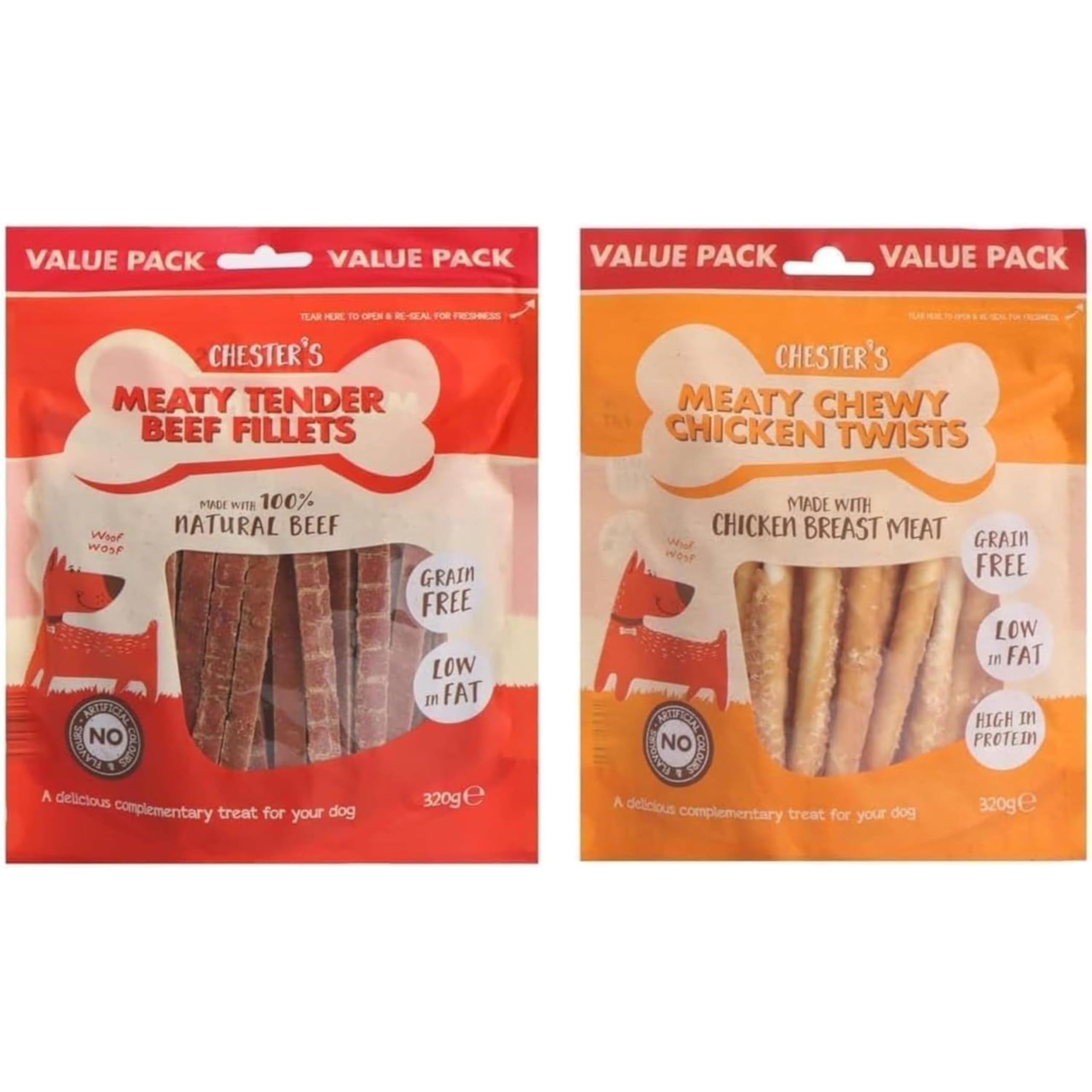 Chester's Meaty Tender Chewy Dog Treats – Beef Fillets 320g & Chicken Strips 330g | Grain-Free, High-Protein, Low-Fat, Soft & Chewy Snacks for Dogs of All Ages