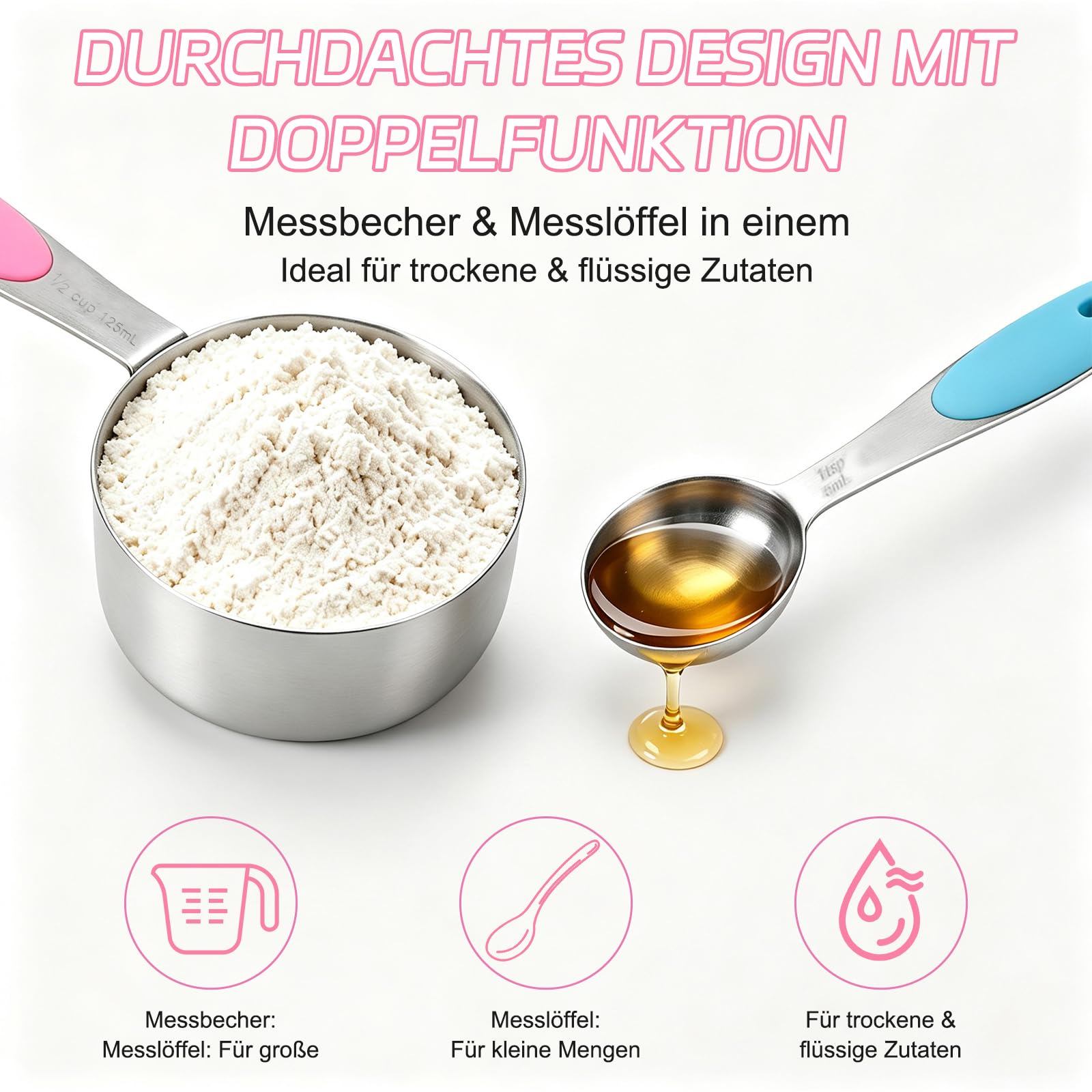 10-teiliges Messlöffel Set & Measuring Cups aus Edelstahl, bunte Messbecher & Löffel Set mit 2 Ringen, spülmaschinenfestes Backzubehör für Küche & Kochen