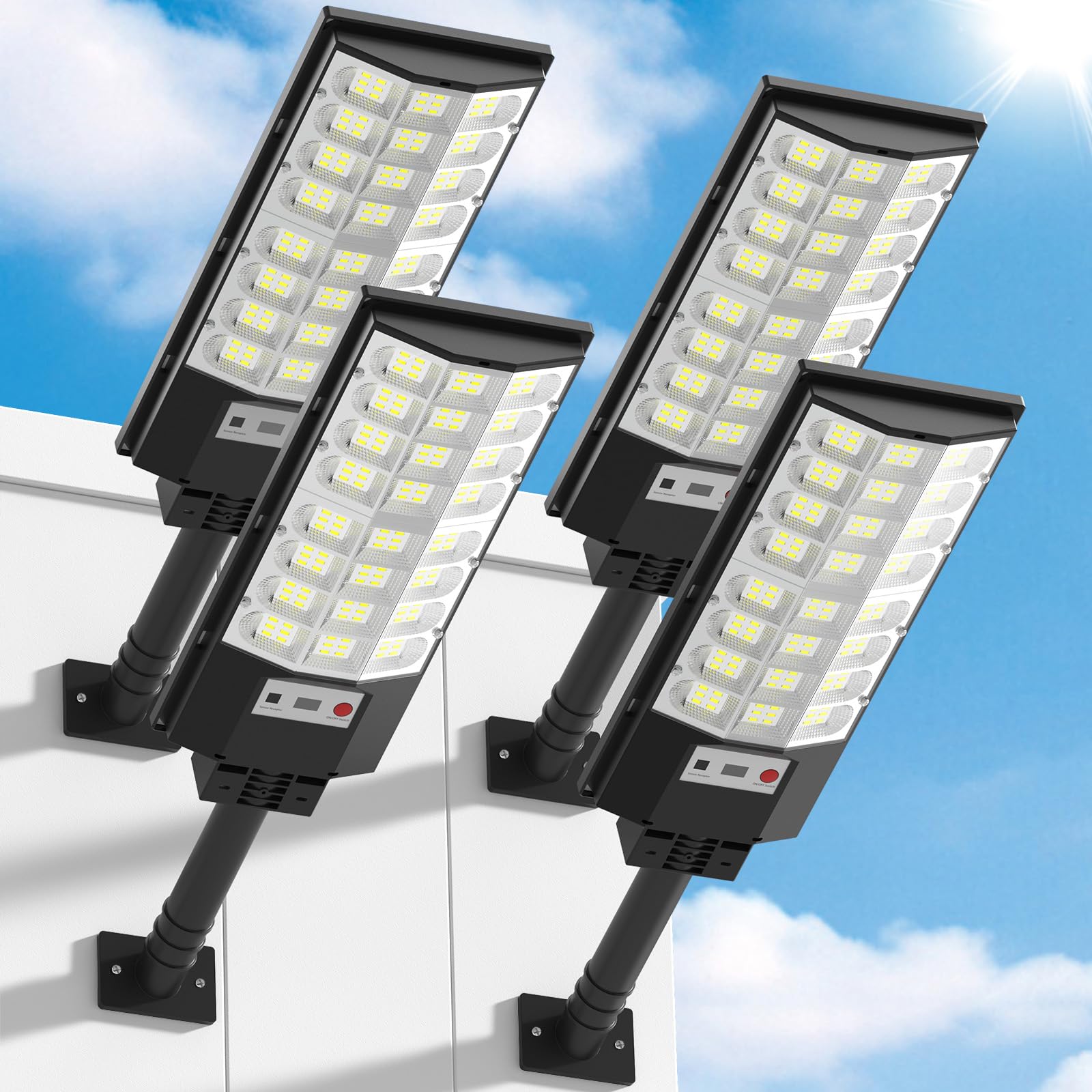 Solar Street Lights Outdoor, Solar Lamp IP66 Waterproof Security Flood Light Dusk to Dawn, Motion Sensor with Remote Control for Yard Garden Garage Parking Lot, 4 Pack