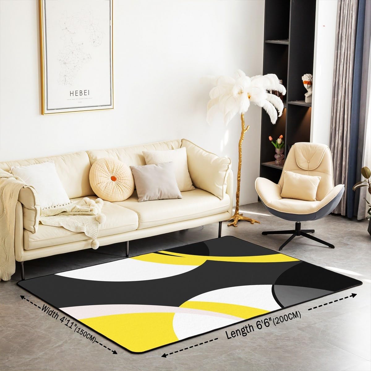 jejeloiu Kids Adult Abstract Living Room Rugs for Bedroom Area Rug 5x7 Abstract Art Decor Carpet for Boys Girls Yellow Black White Indoor Floor Mat Soft Non-Slip