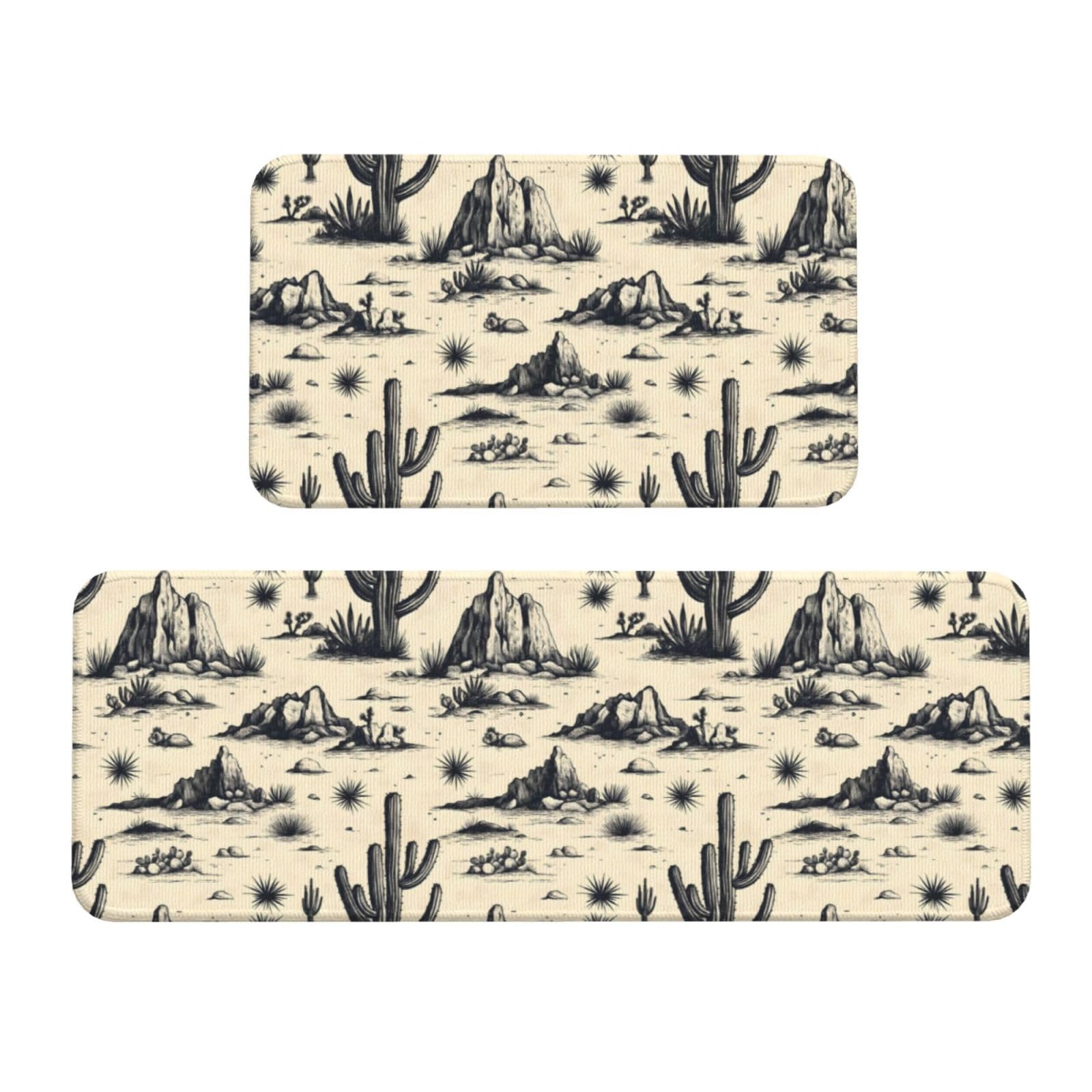 GVYGVY Antifatigue Kitchen Mats for Floor 2 Piece - Western Cactus Style Print Kitchen Rugs Washable, Non Slip Runner Rug Standing Mat for Office/Bathroom/Laundry/Home Decor and Accessories