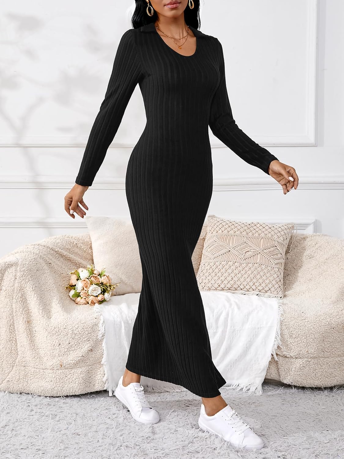 Women's Casual Long Sleeve Collar V Neck Maxi Sweater Dress Sexy Slit Thigh Ribbed Knit Bodycon Pencil Dresses - Image 2