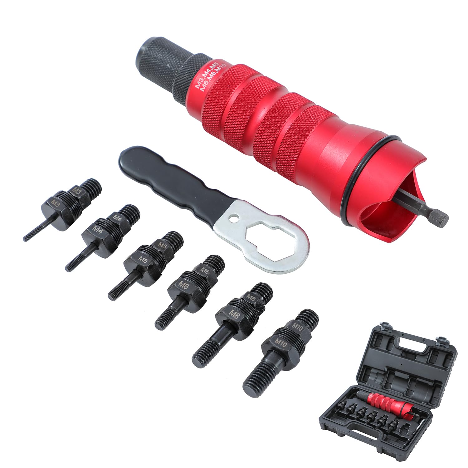 KATSU Tools Accesorio de Tuerca Remachadora, Kit de Adaptador de Taladro de Pistola Remachadora Herramienta de Remachado con Mandriles M3 M4 M5 M6 M8 M10, para Taladradoras Eléctricas Inalámbricas