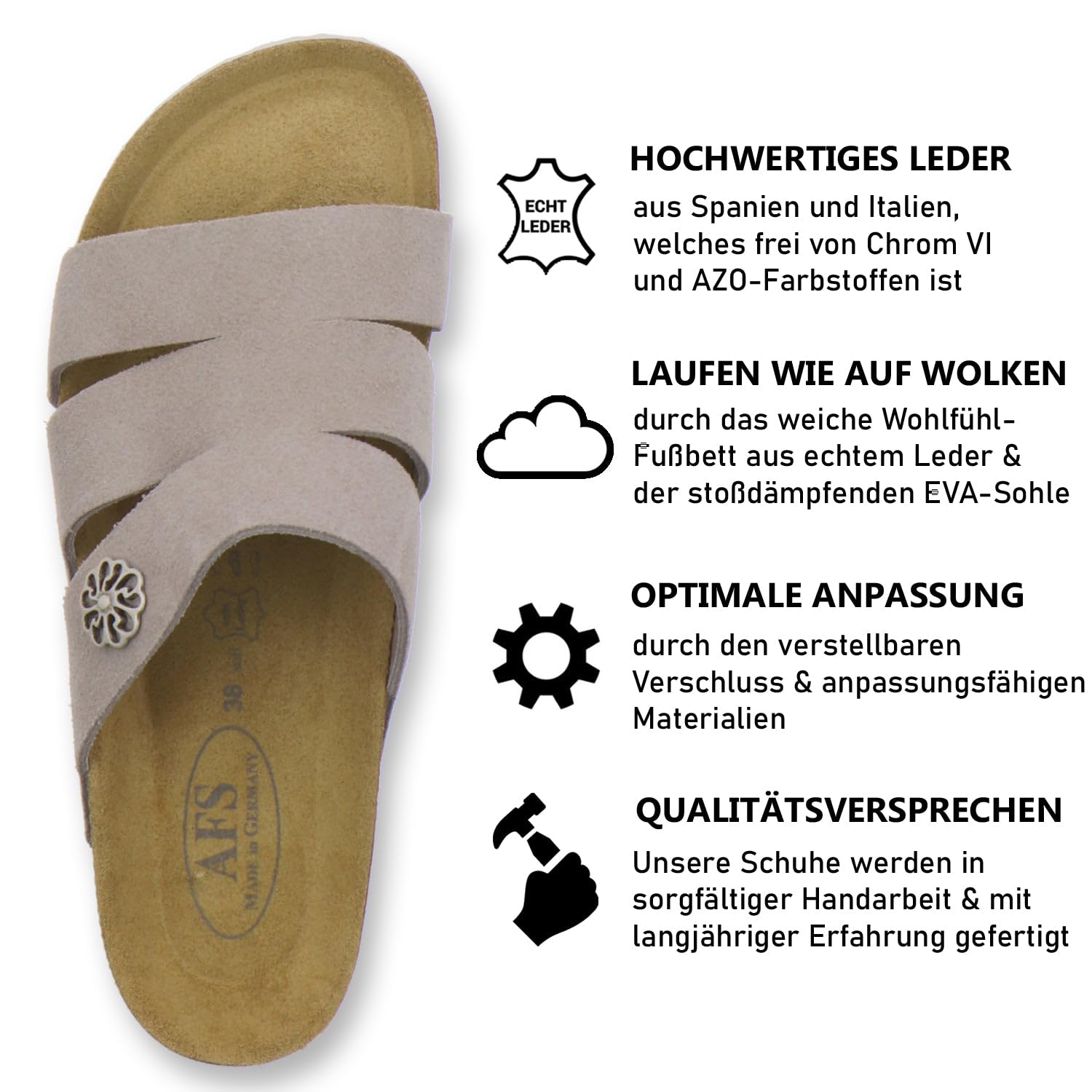 AFS-Schuhe 2113 Mules confortables pour femme en cuir véritable, chaussures de travail pratiques, pantoufles, fabriquées à la main en Allemagne