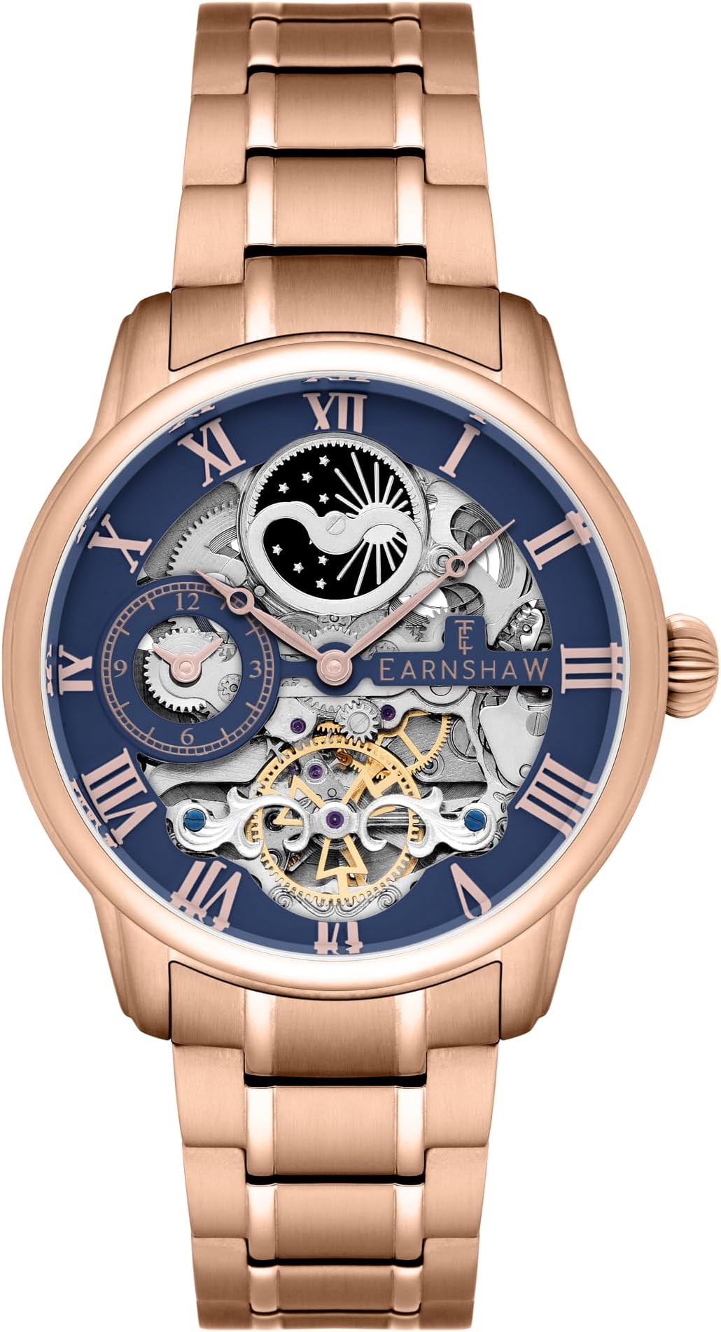 Thomas Earnshaw Mens 44mm Longitude Dual Time Automatic Skeleton Watch with 12 Hour Dual Time, Sun & Moon Display and Decorated Rotor