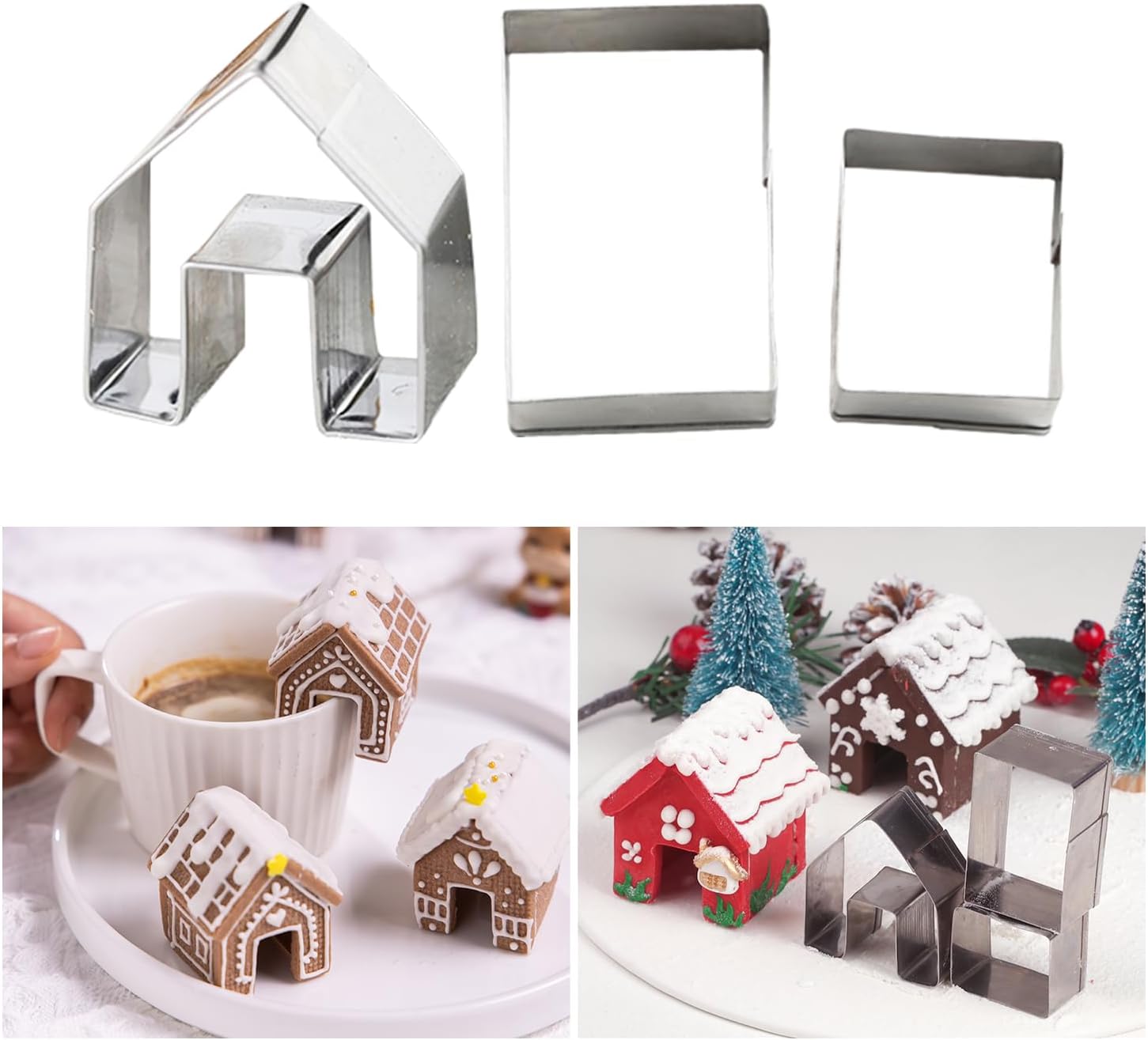 KALAIEN 3Pcs Stainless Steel Christmas Mini House Mold Gingerbread Cookie Cutter Set Cupcake Chocolate House (Small)