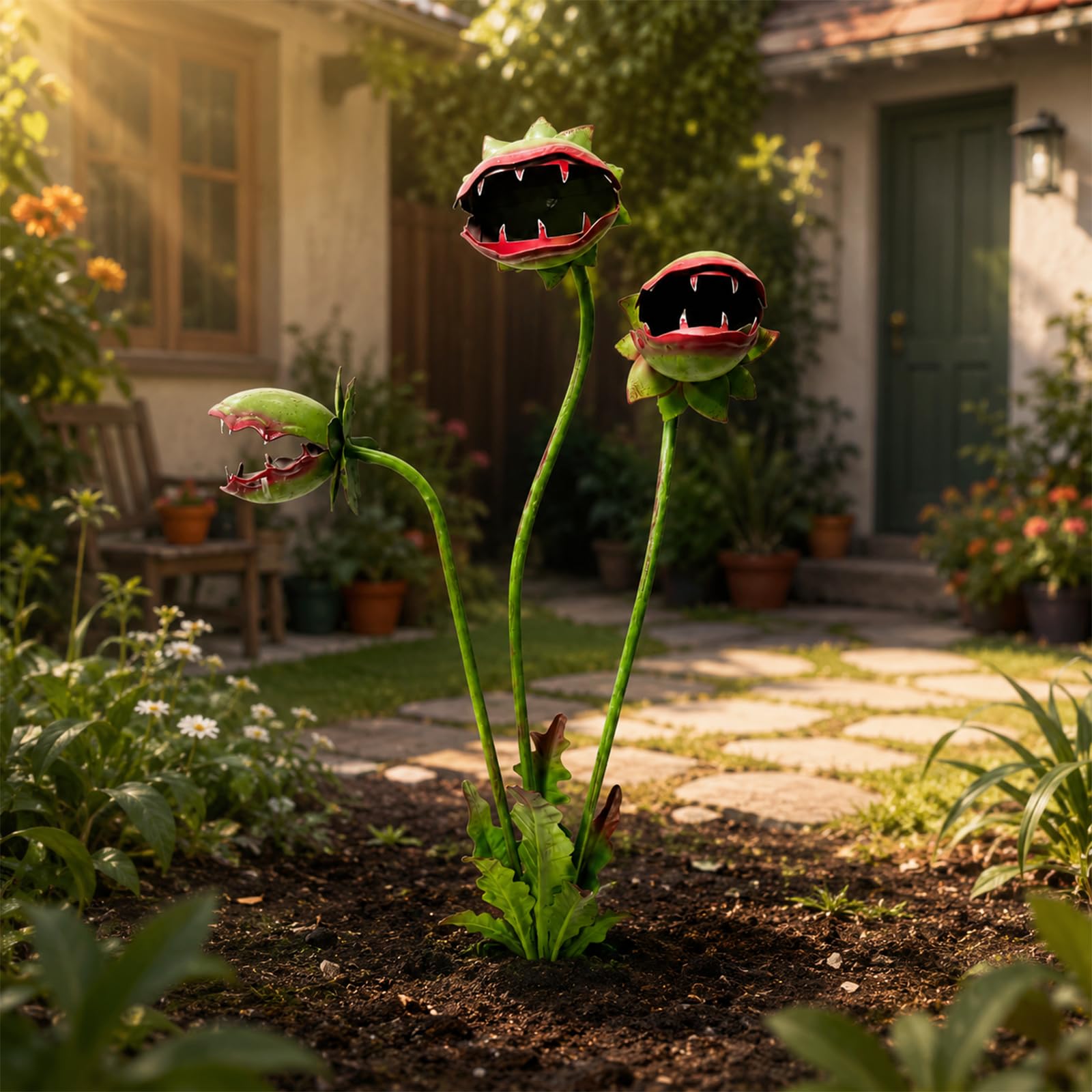 Whimsical Garden Stakes Metal Carnivorous Plant Decor, Venus Flytrap Yard Art Outdoor Ornament, Funny Gothic Garden Sculpture for Lawn Patio Flower Bed