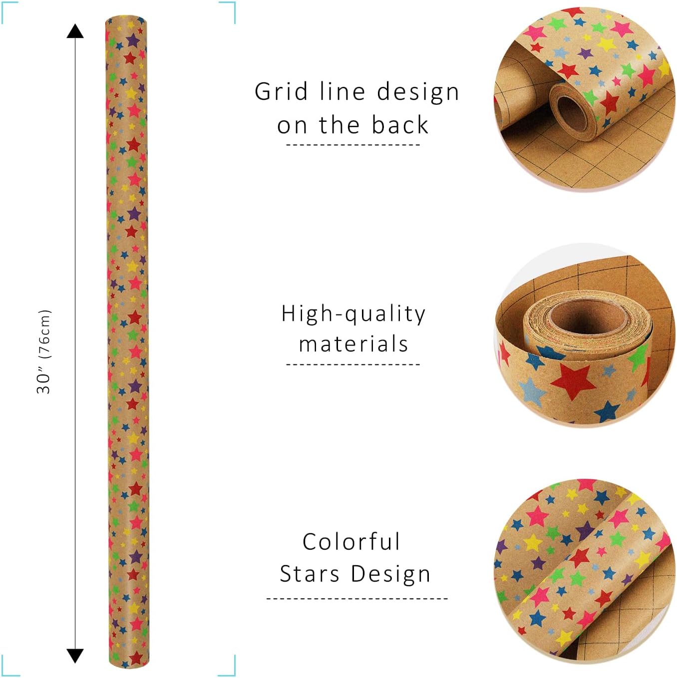 BIOBROWN Kraft Wrapping Paper Roll Colorful Stars Design Perfect for Birthday Holiday Wrap 30 inch X 33 feet