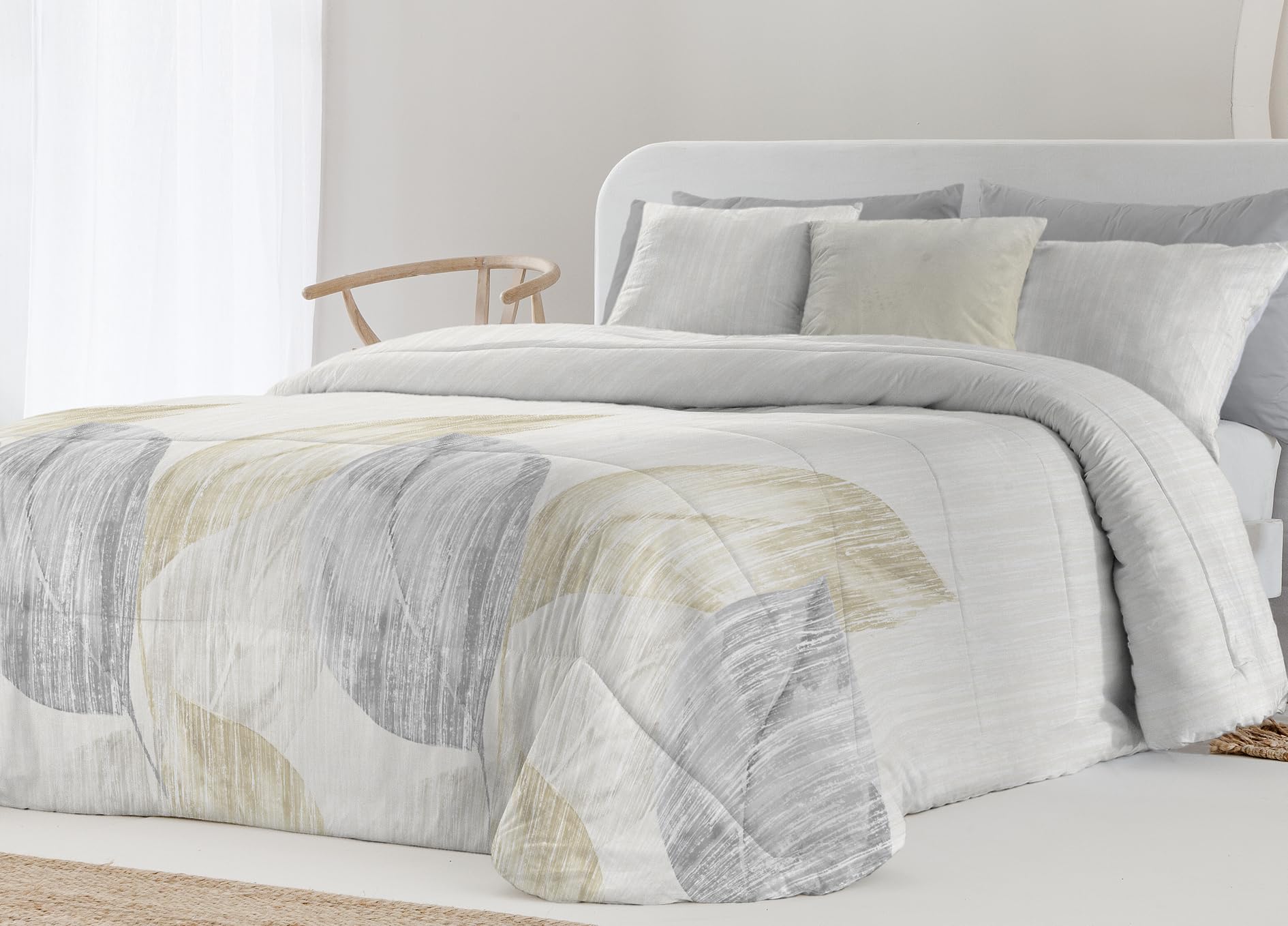 Fundeco - Edredón Cama 150 - Estampado Hojas Reversible - 250x270 cm - Gramaje 300g/m² - Incluye 2 Fundas de Cojín Decorativo (Tanos Único)